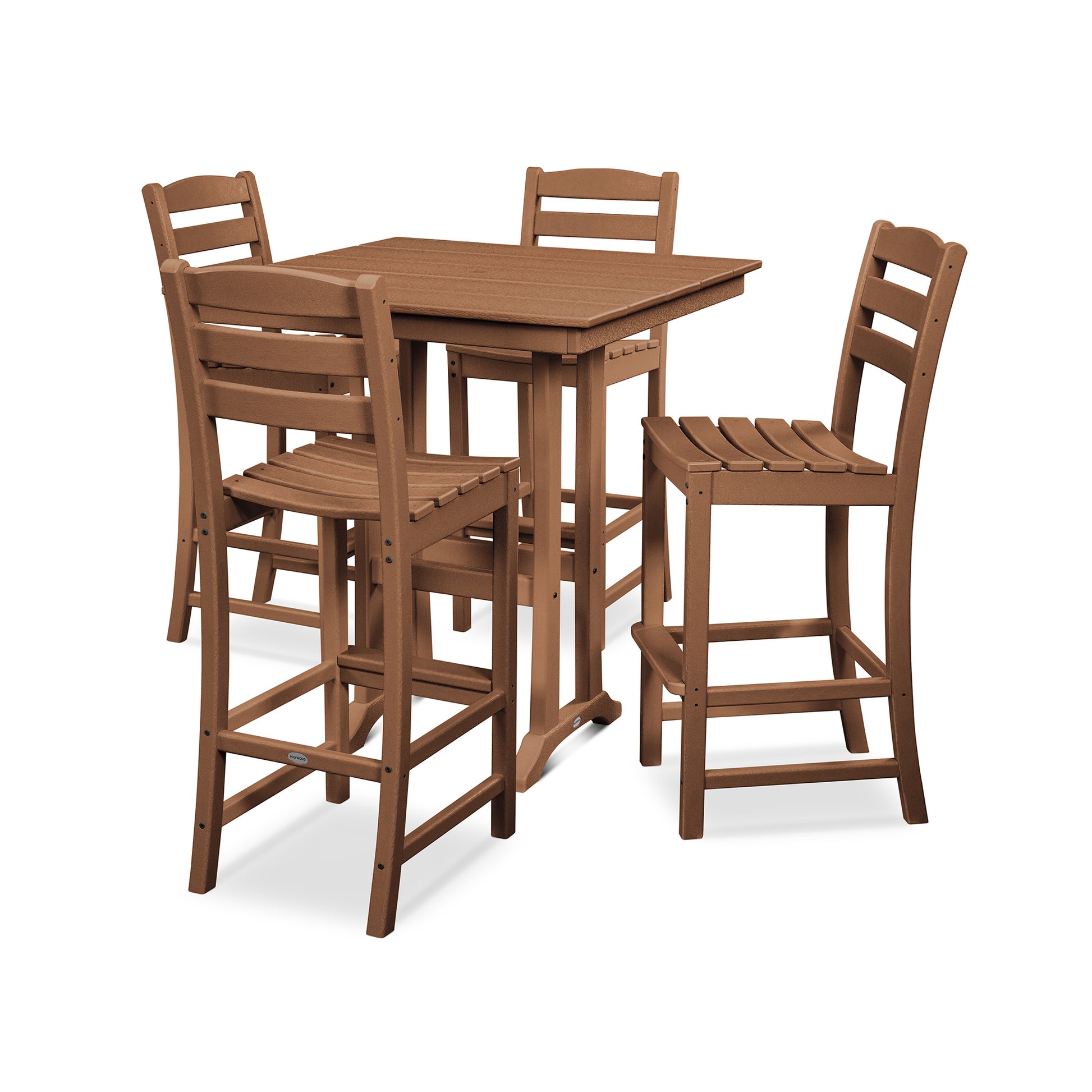 A square, high-top outdoor dining table with four matching bar chairs, all made of slatted POLYWOOD La Casa Cafe lumber, arranged on a plain white background.