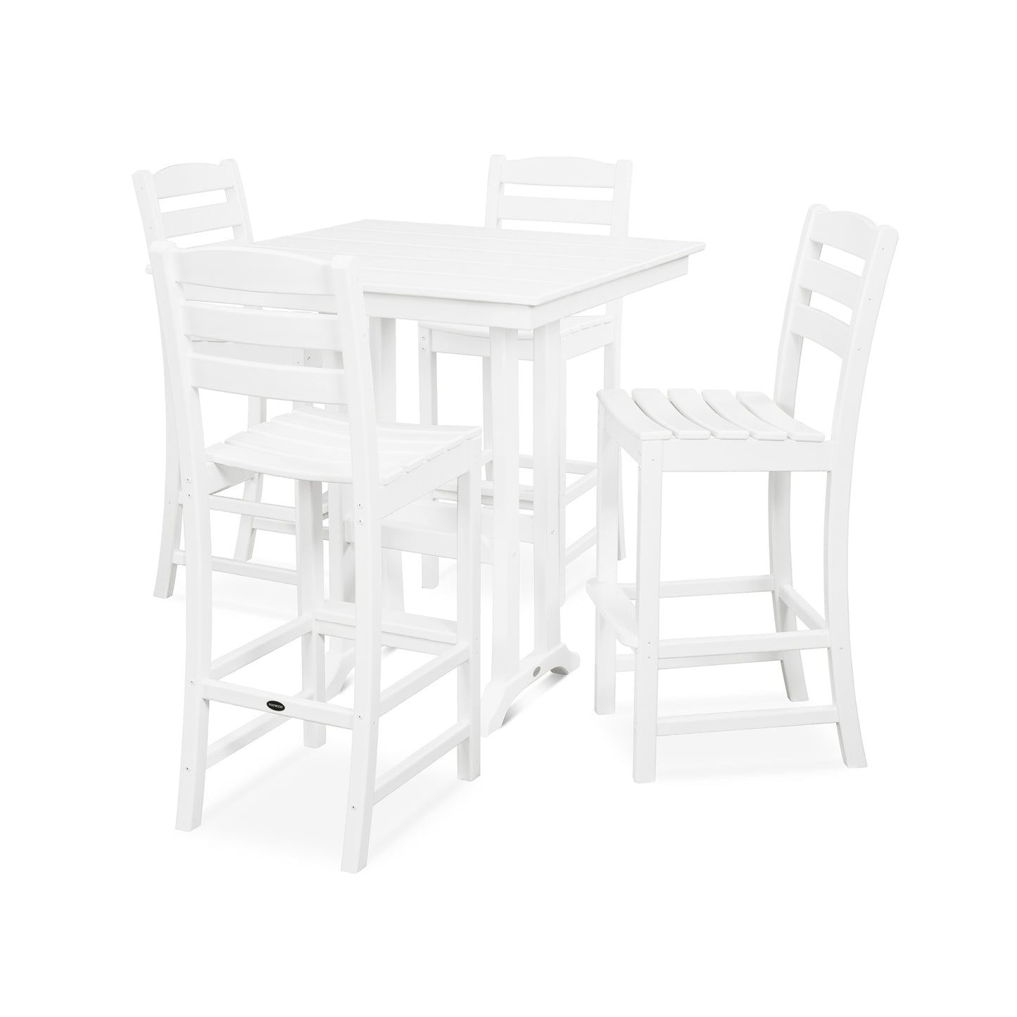 La Casa Cafe 5-Piece Farmhouse Trestle Bar Set featuring a durable white square table and four matching weather-resistant chairs from POLYWOOD.