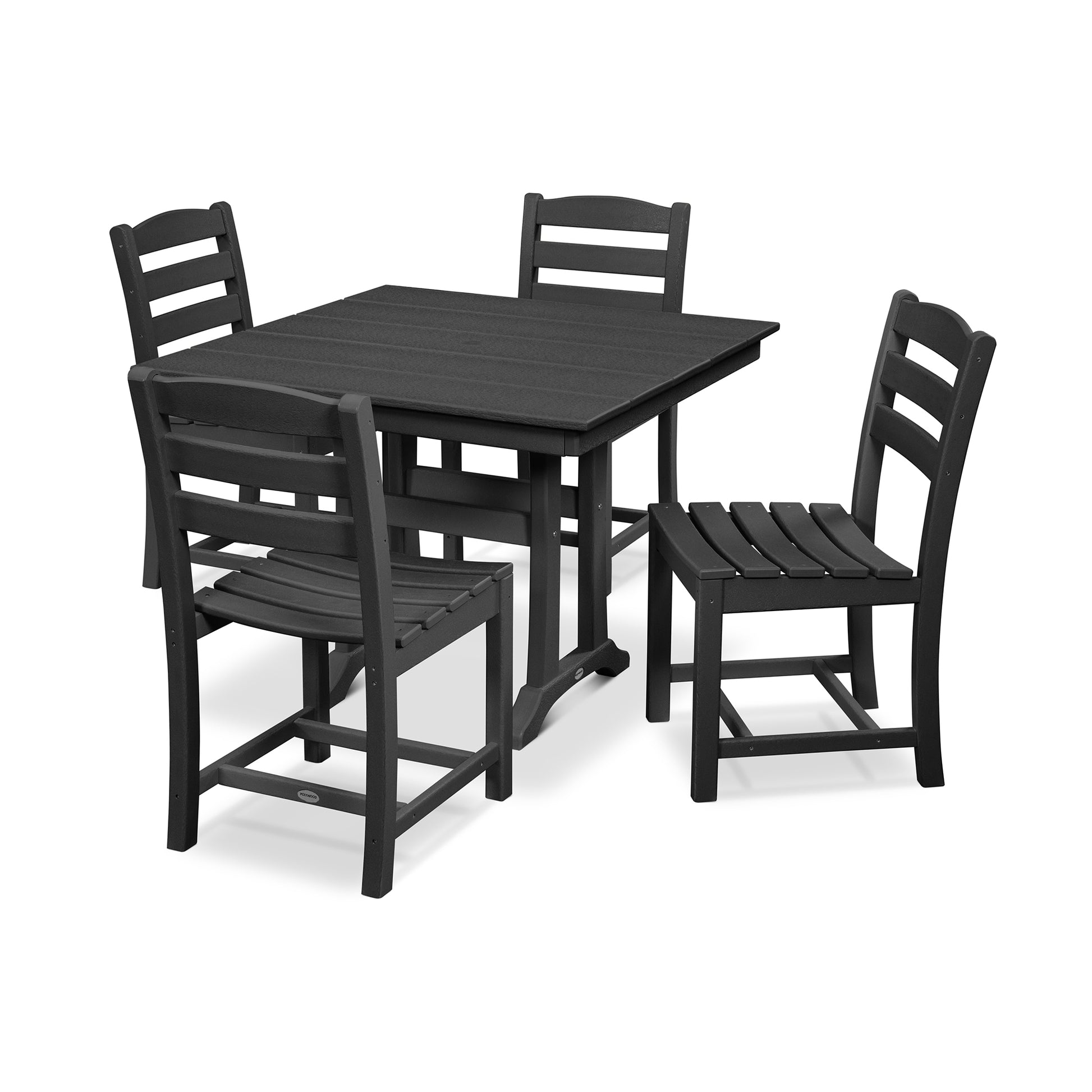 A modern outdoor dining set featuring a square black POLYWOOD La Casa Café 5-Piece Farmhouse Trestle Side Chair Dining Set, set against a white background.