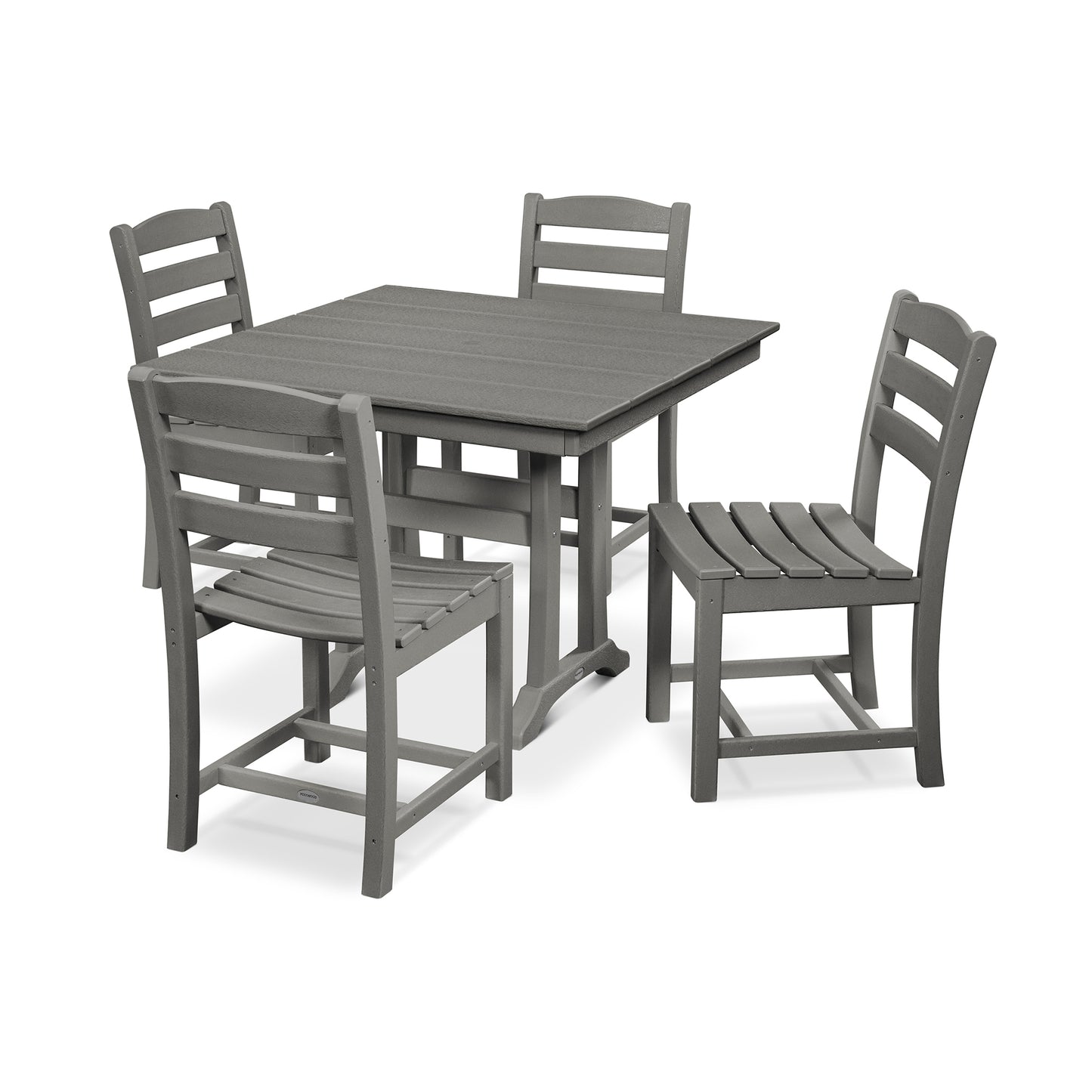 A modern POLYWOOD® La Casa Café 5-Piece Farmhouse Trestle Side Chair Dining Set with four gray slatted chairs and a square table, all made of synthetic materials, displayed on a white background.