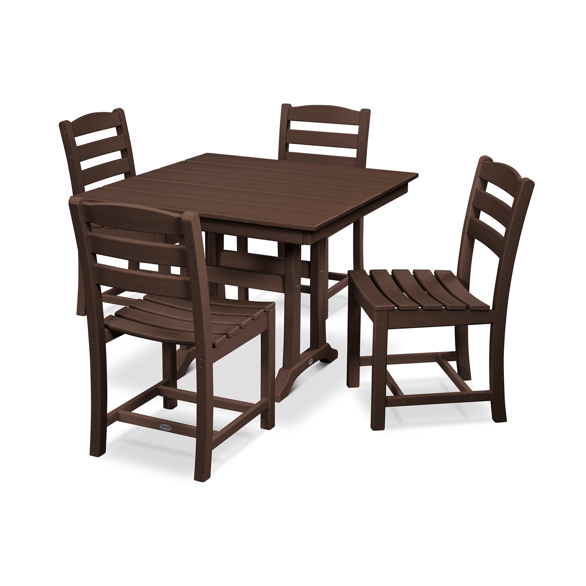 A modern dark brown POLYWOOD La Casa Café 5-Piece Farmhouse Trestle Side Chair Dining Set consisting of a square table and four chairs with slatted backs and seats, all on a white background.