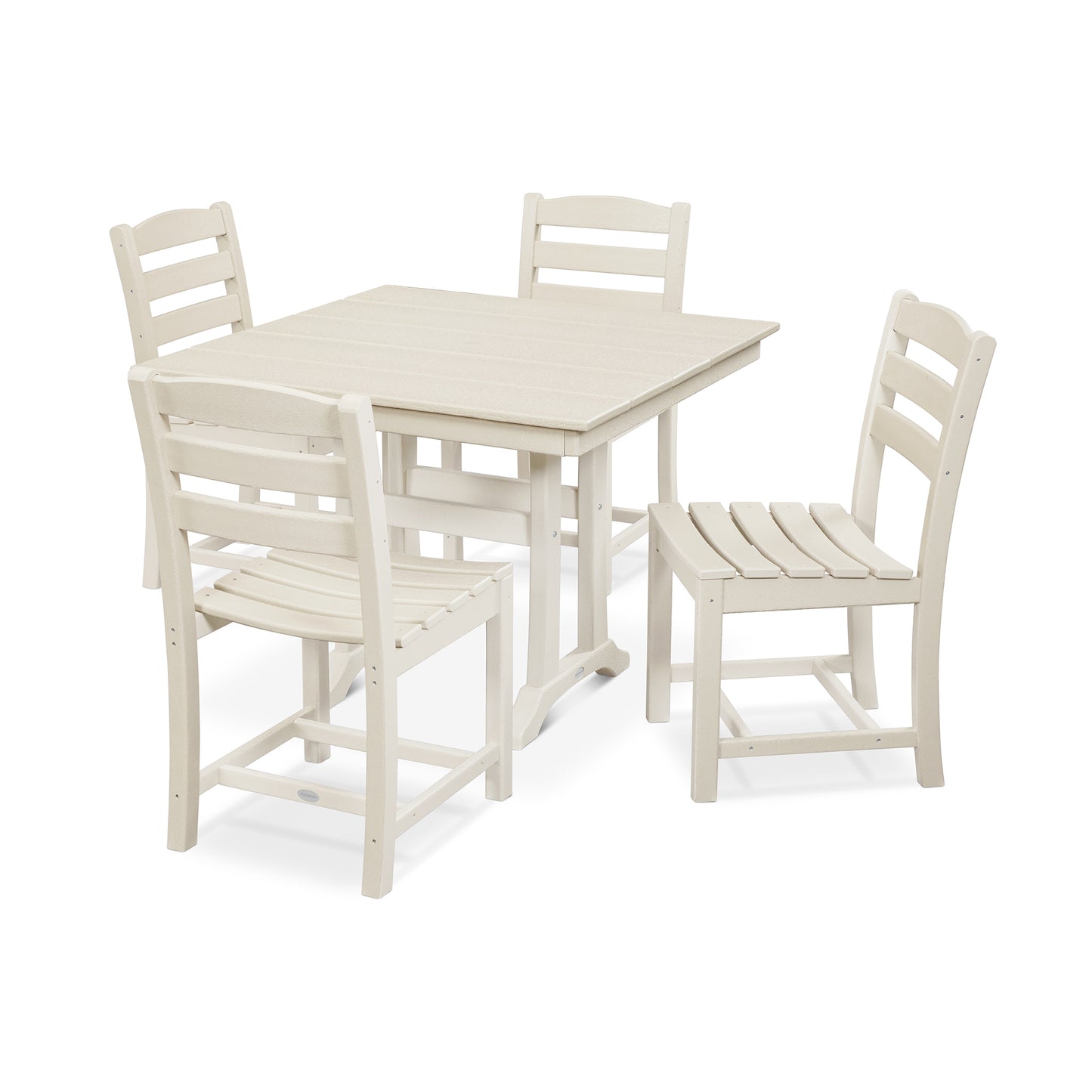 A set of white POLYWOOD La Casa Café 5-Piece Farmhouse Trestle Side Chair Dining Set including a square table and three chairs with slatted backs and seats, displayed on a plain white background.