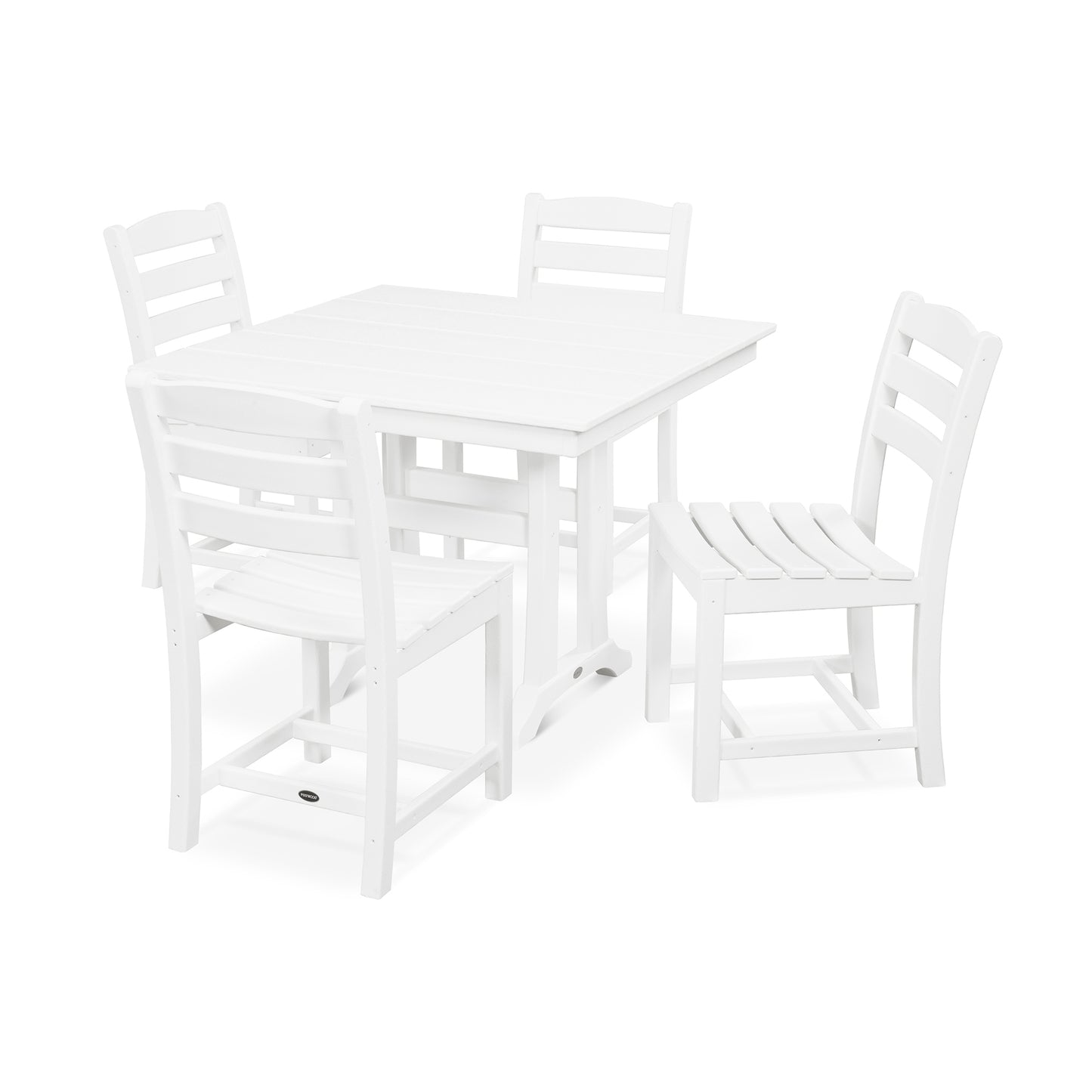 A white POLYWOOD La Casa Café 5-Piece Farmhouse Trestle Side Chair Dining Set featuring a square table and three chairs with vertical slat backs, arranged on a plain white background.