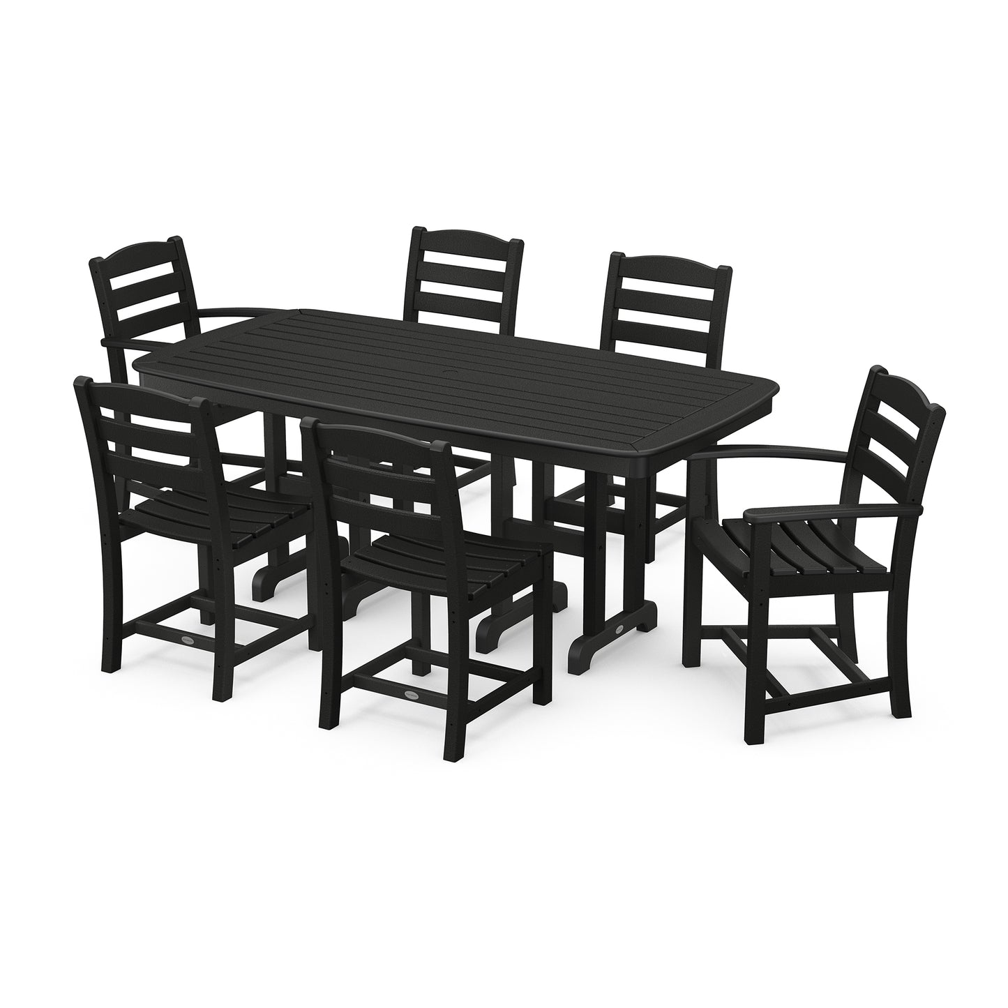 A black POLYWOOD® La Casa Cafe 7-Piece Dining Set featuring a rectangular table and six matching chairs with a slatted design, isolated on a white background.