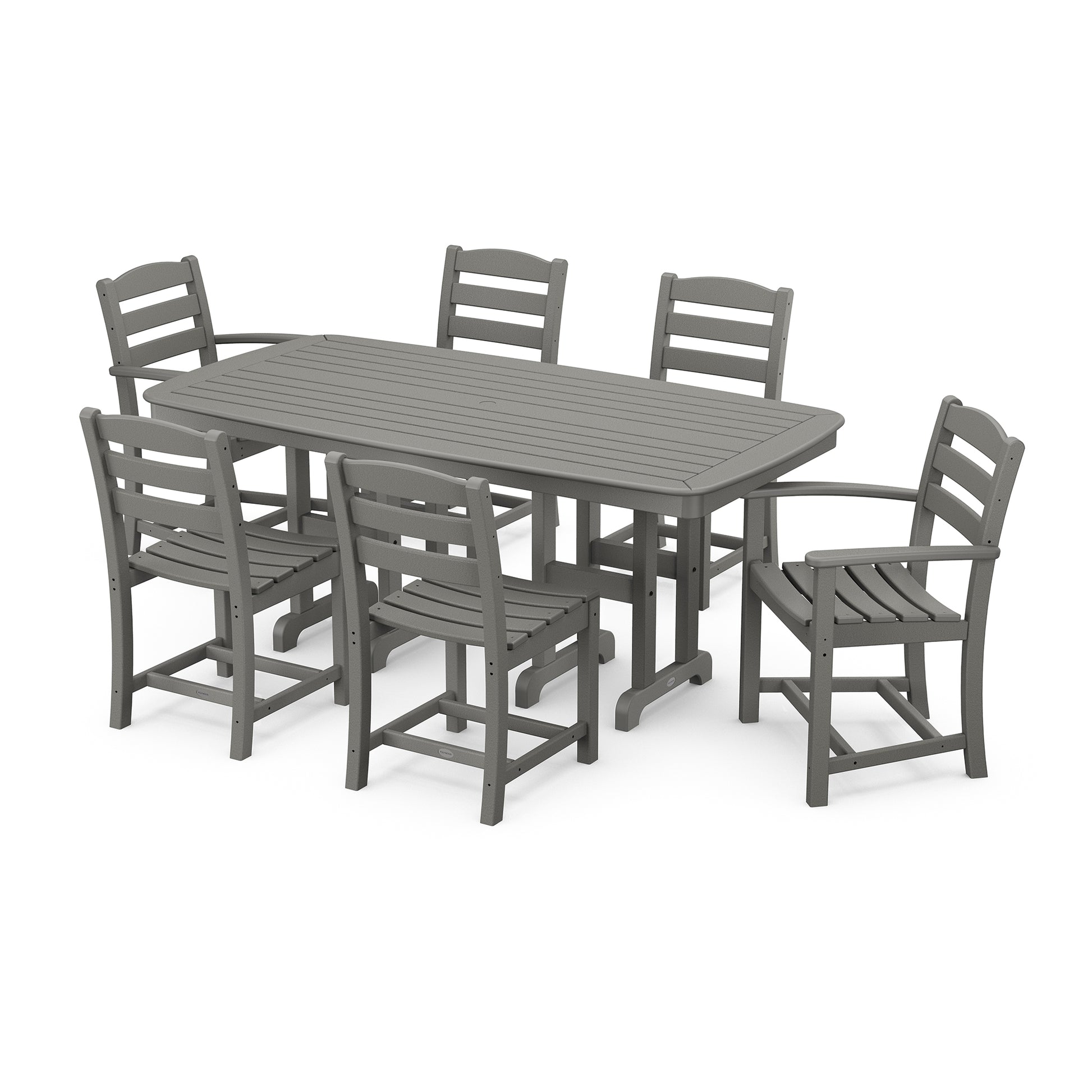 A modern POLYWOOD® La Casa Cafe 7-Piece Dining Set consisting of a rectangular gray table and six matching chairs with armrests, set on a white background.