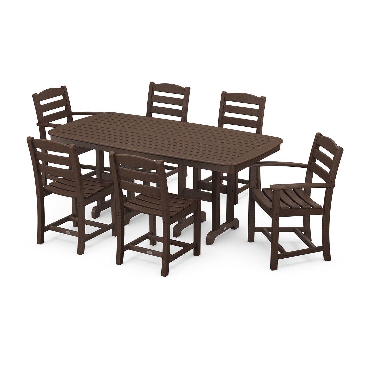 A brown POLYWOOD® La Casa Cafe 7-Piece Dining Set featuring a rectangular table and six matching chairs, all made of fade-resistant colored plastic or polymer resembling wood, on a plain white background.