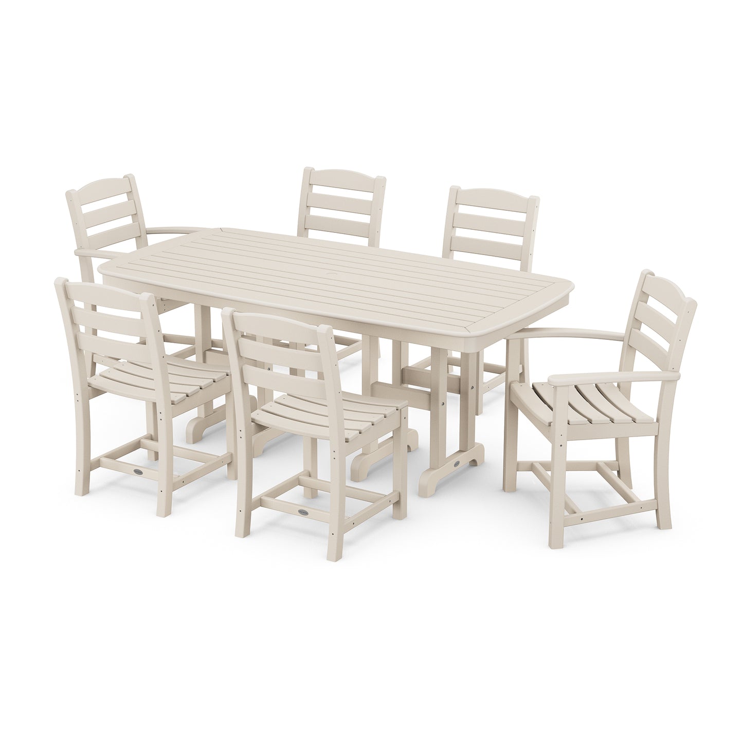 Beige slatted rectangular table with six matching chairs made from recycled lumber in the POLYWOOD La Casa Cafe 7-Piece Dining Set.