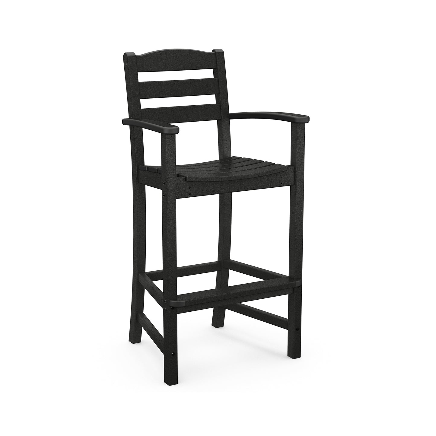 Black POLYWOOD La Casa Cafe Outdoor Bar Arm Chair with high back, armrests, and footrest made from recycled plastic.