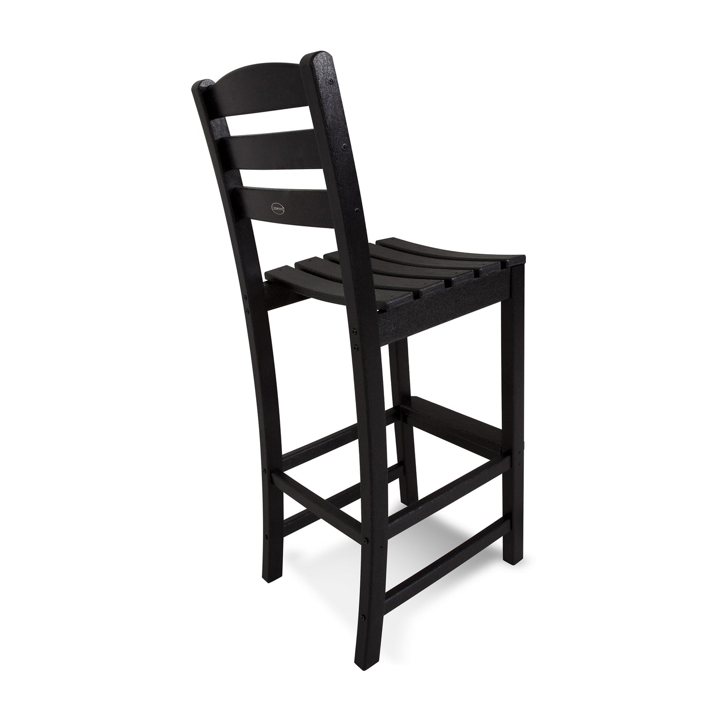 POLYWOOD La Casa Cafe Outdoor Bar Side Chair featuring a slatted backrest and sleek black wood design.