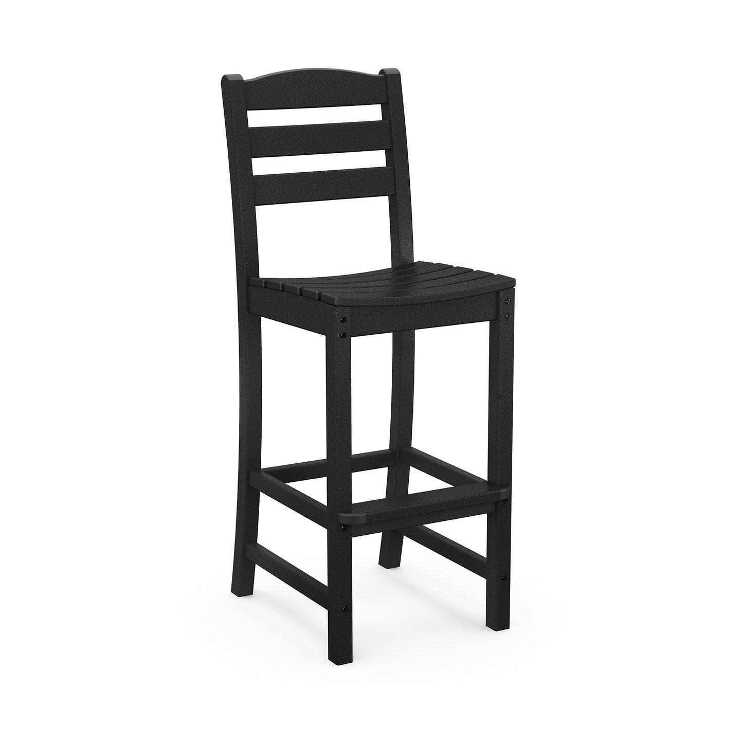 A black, modern-style POLYWOOD La Casa Cafe Outdoor Bar Side Chair with a high back and horizontal slats, made of weather-resistant material, standing against a white background.