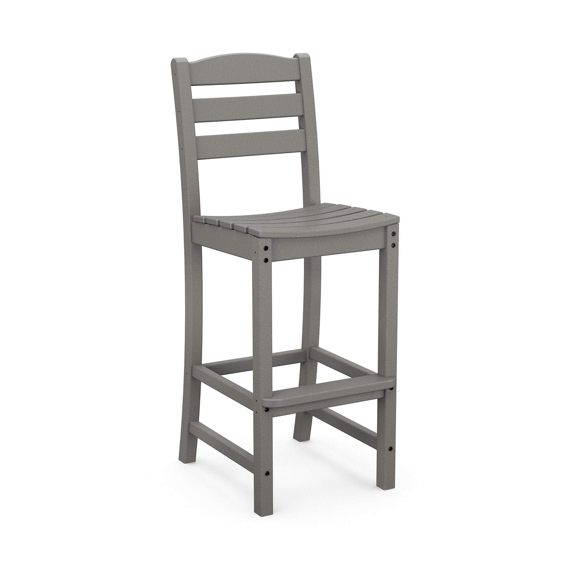 A grey POLYWOOD La Casa Cafe Outdoor Bar Side Chair with a high backrest and square seat, set against a plain white background. The chair has four legs and horizontal slats on the seat.