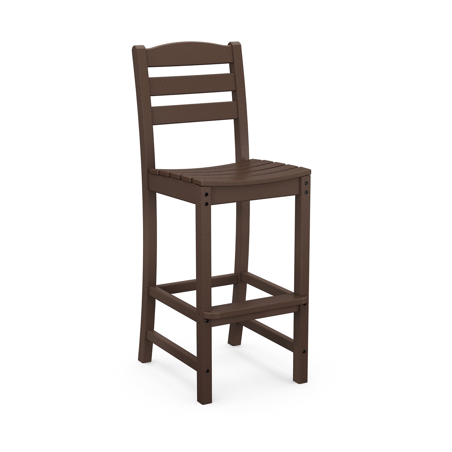 A brown POLYWOOD La Casa Cafe Outdoor Bar Side Chair with a slatted back and square seat, standing on four legs with footrests, isolated on a white background.
