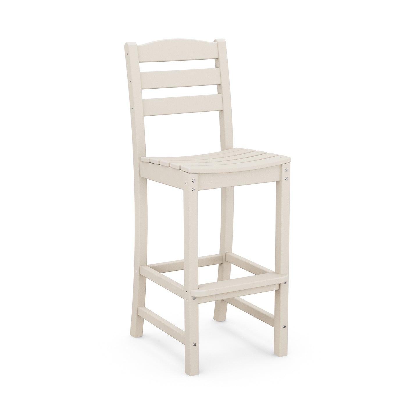 A simple beige-colored POLYWOOD® La Casa Cafe Outdoor Bar Side Chair with a slatted back and seat, made of sturdy plastic, isolated on a white background.