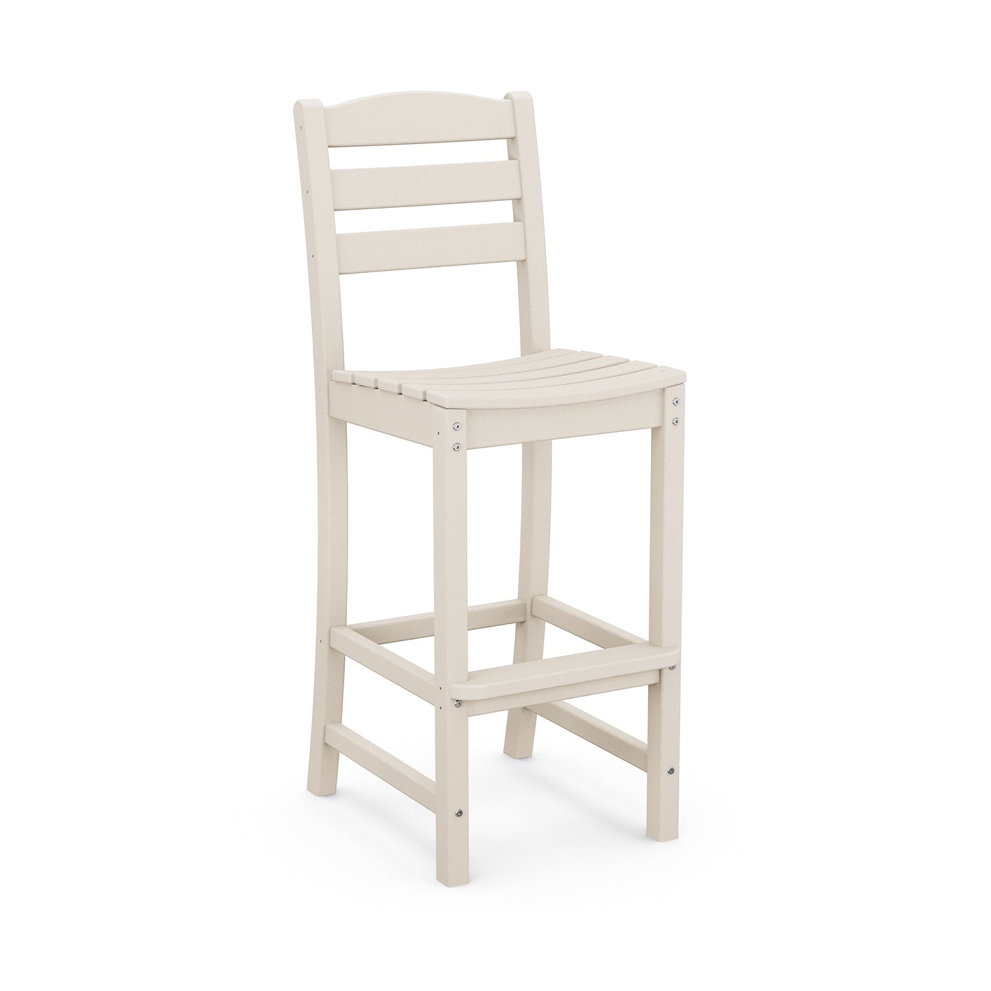 Beige POLYWOOD La Casa Cafe Outdoor Bar Side Chair with slatted backrest and footrest.