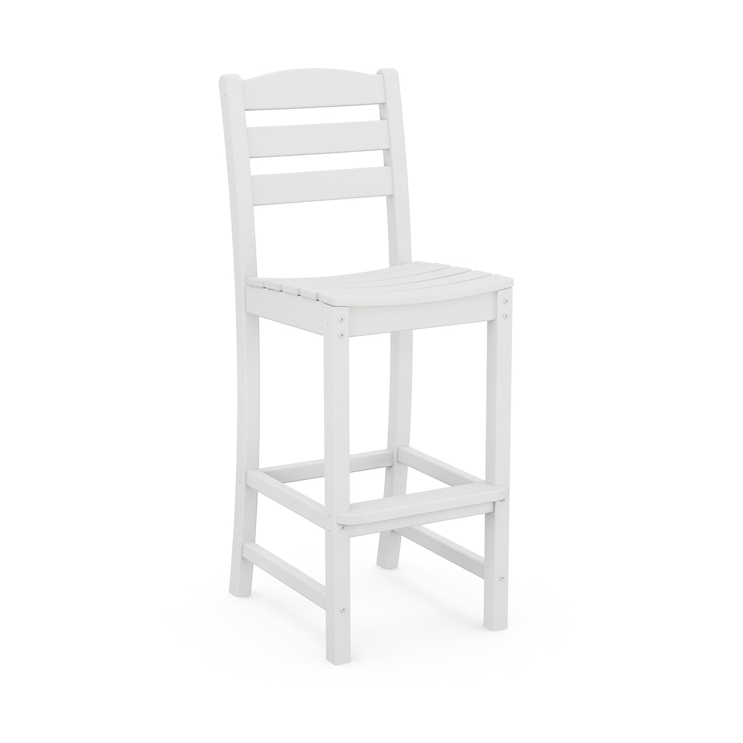 White POLYWOOD La Casa Cafe Outdoor Bar Side Chair with slatted back and square seat, ideal for outdoor bar settings.