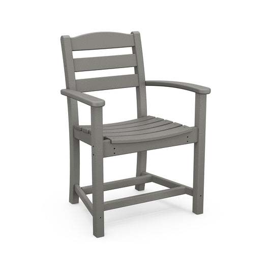 A gray POLYWOOD® La Casa Cafe outdoor dining arm chair with a tall back and armrests, designed in a simple, sturdy style. Visible are the horizontal slats on the seat and back, and it is