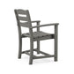 A gray POLYWOOD® La Casa Cafe Outdoor Dining Arm Chair made of plastic with a high back and armrests, presented in an isolated view on a plain white background.
