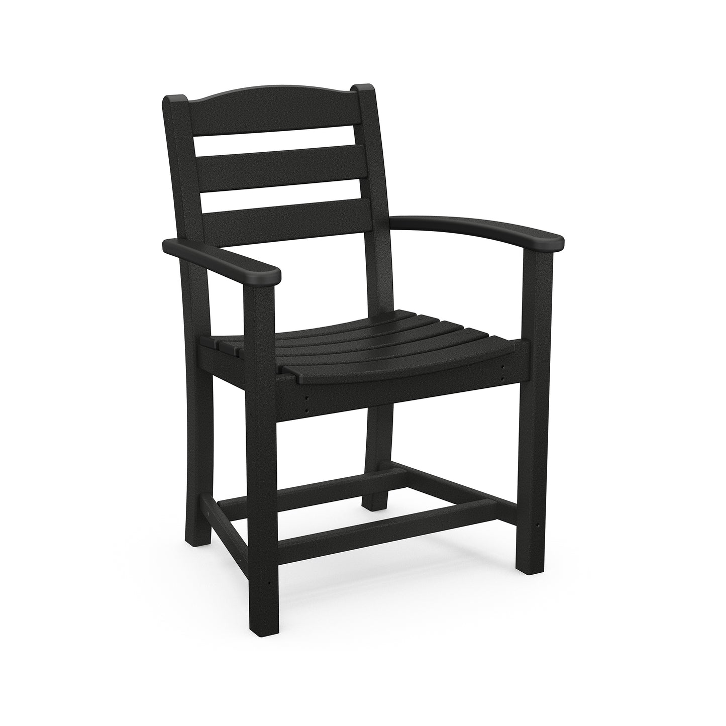 A black, traditional-style POLYWOOD La Casa Cafe Outdoor Dining Arm Chair with armrests and a slatted seat, set against a plain white background.