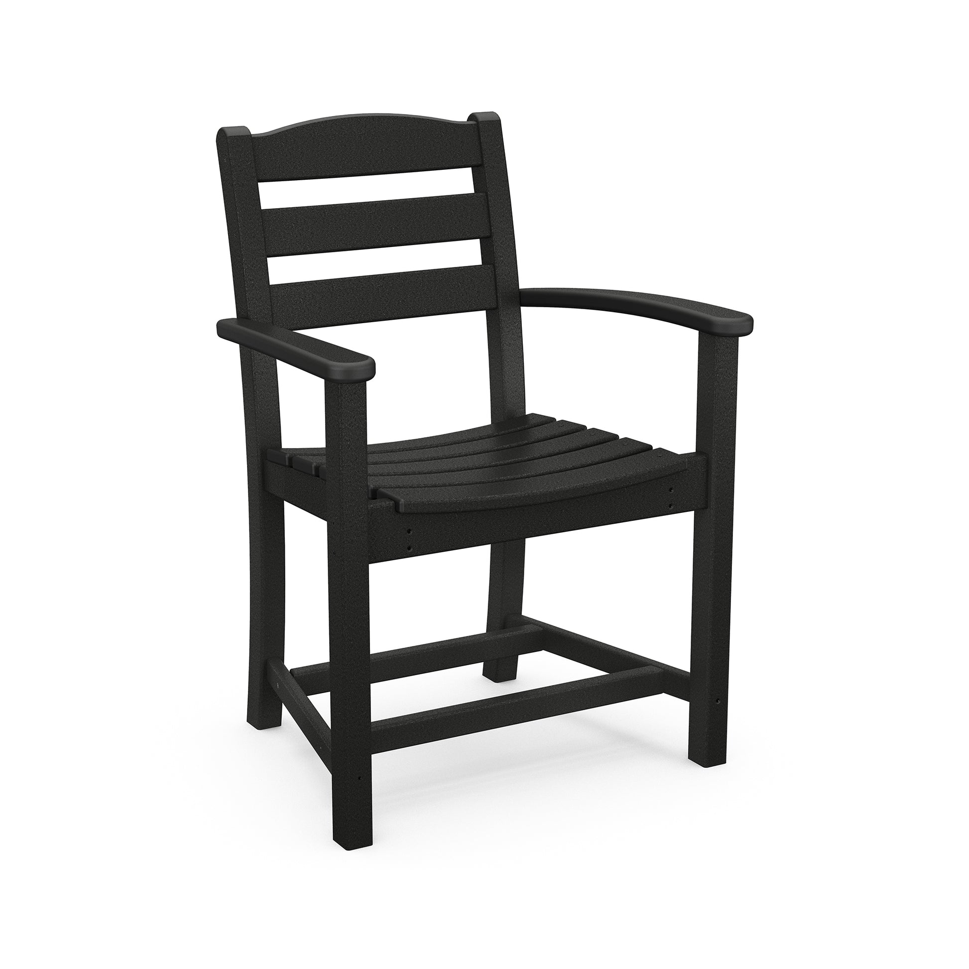 POLYWOOD La Casa Cafe Outdoor Dining Arm Chair with a sleek black slatted backrest crafted from recycled plastic lumber.