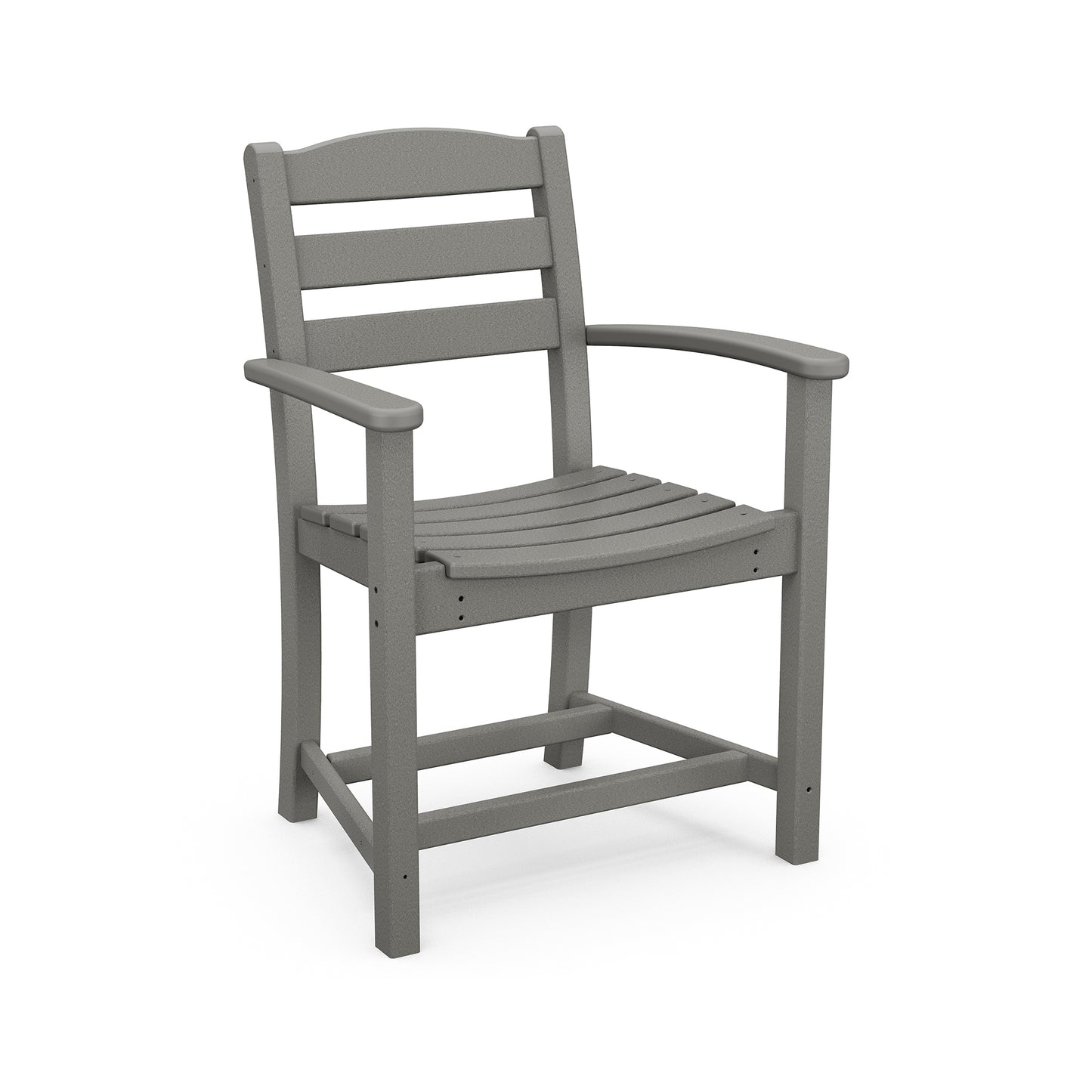 A gray, plastic, POLYWOOD La Casa Cafe outdoor dining arm chair with a slatted back and seat, featuring broad armrests. This outdoor patio furniture is displayed against a plain white background.