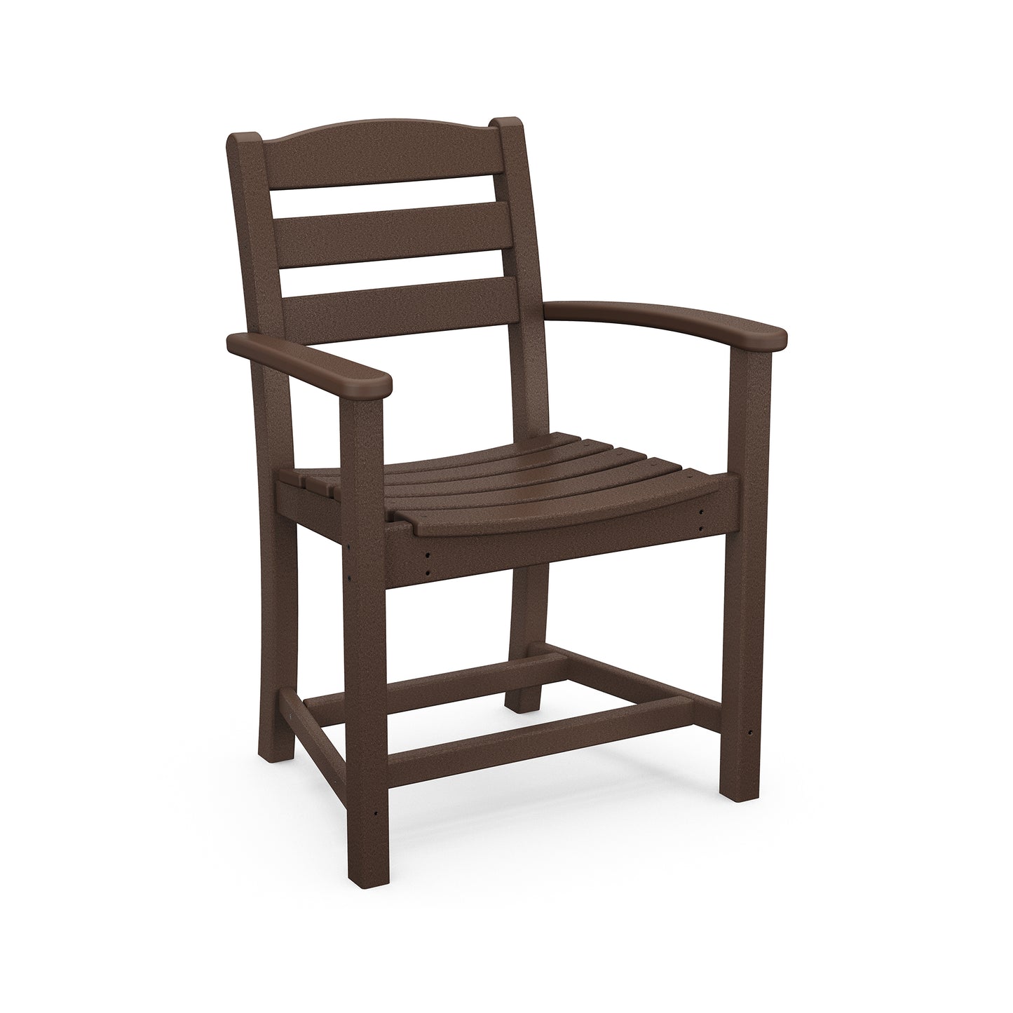 A brown plastic POLYWOOD La Casa Cafe Outdoor Dining Arm Chair with a tall back and wide armrests, designed for outdoor patio furniture use, isolated on a white background.