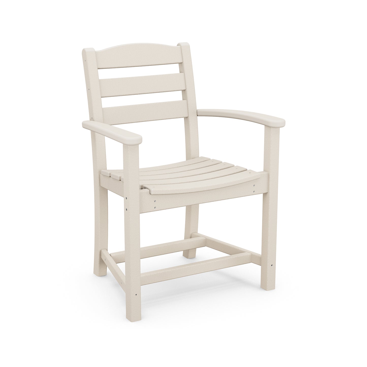 A beige POLYWOOD® La Casa Cafe outdoor armchair with a slatted back and seat design, crafted from durable plastic. The chair has sturdy armrests and stands isolated on a plain white background.