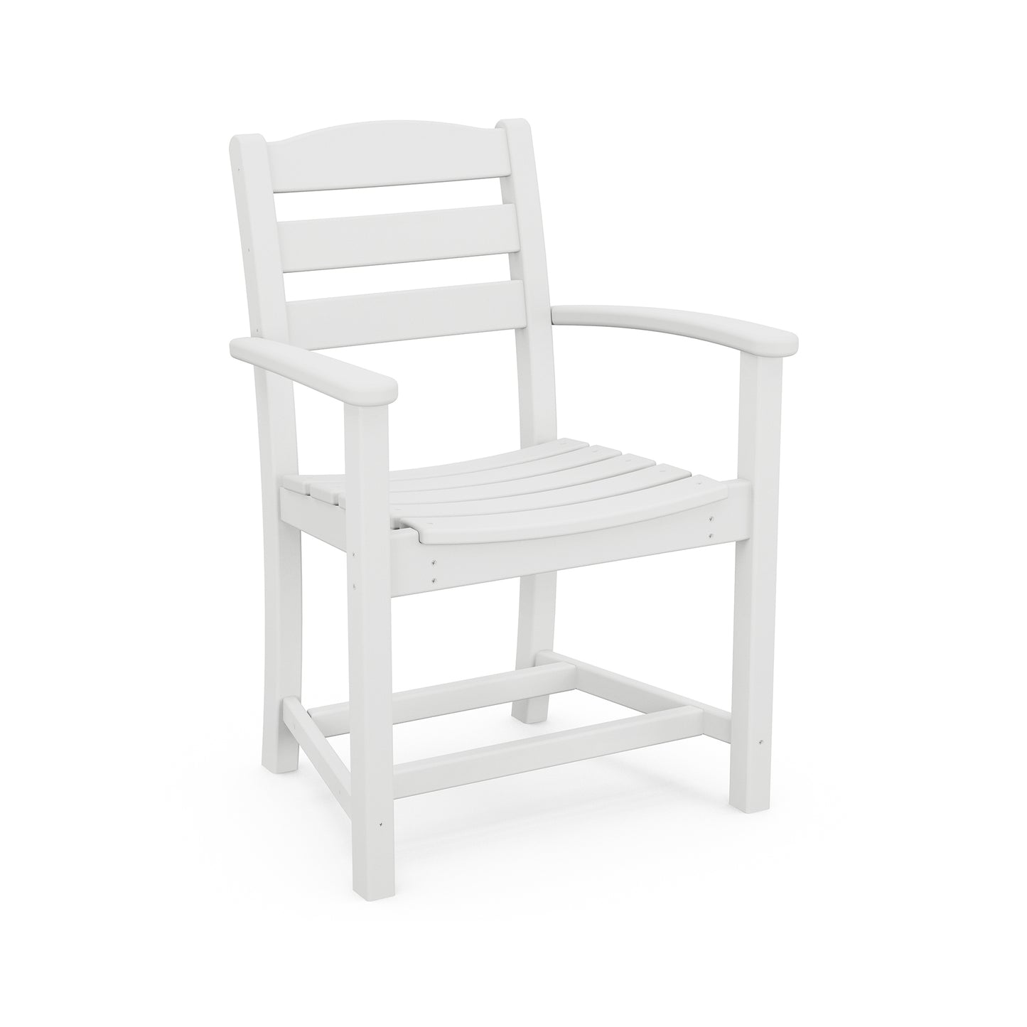 A white, traditional-style POLYWOOD La Casa Cafe Outdoor Dining Arm Chair made of wood or a durable wood-like material, featuring armrests and vertical back slats, isolated on a white background.