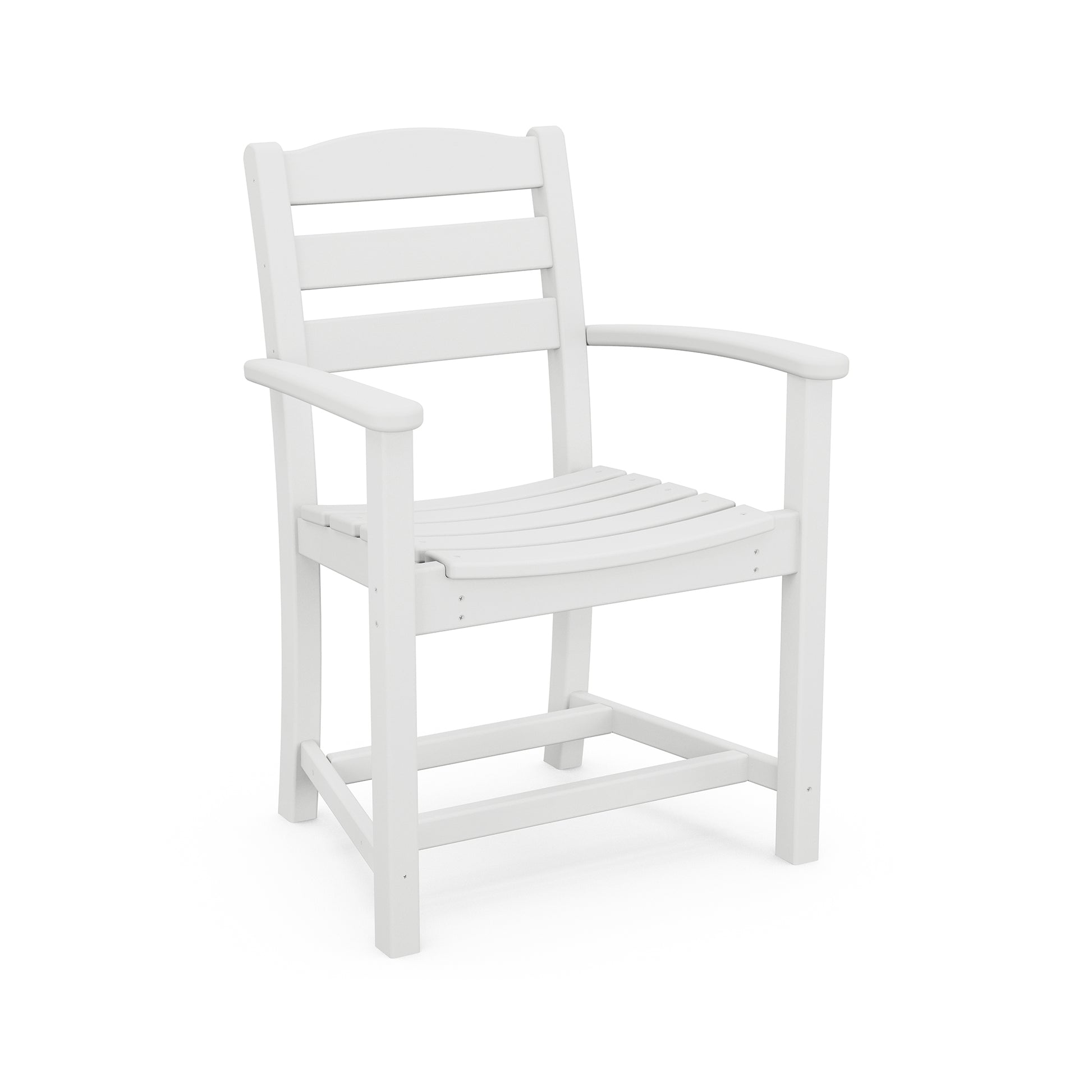 POLYWOOD La Casa Cafe Outdoor Dining Arm Chair in white with a slatted back, armrests, and sturdy legs.