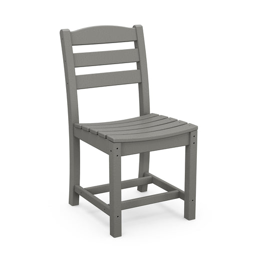 A simple gray plastic chair with a slatted back and seat, featuring a sturdy design with four legs and cross braces for support, ideal as outdoor patio furniture, isolated on a white background from POLYWOOD La Casa Cafe Outdoor Dining Side Chair.