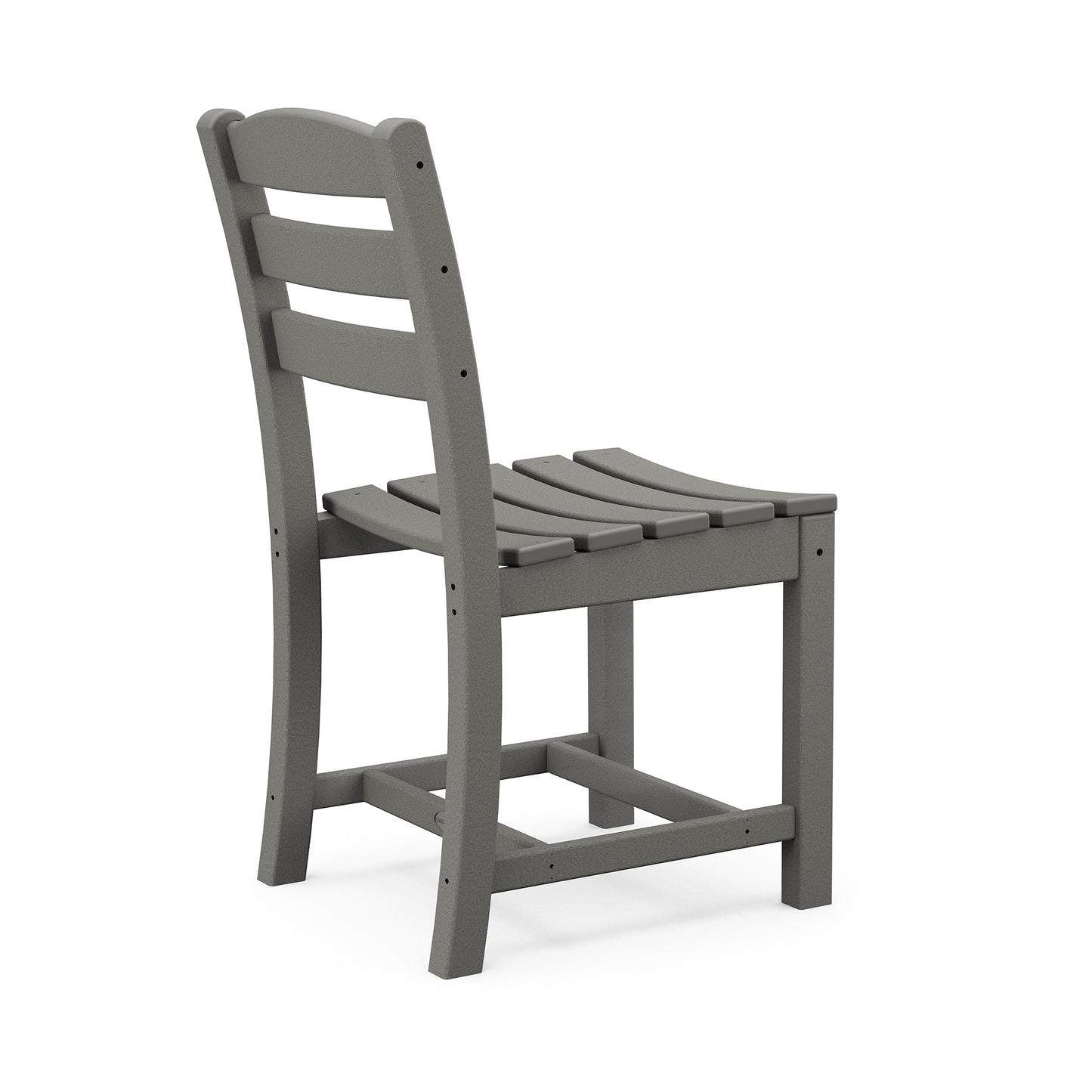 A gray POLYWOOD® La Casa Cafe Outdoor Dining Side Chair with a high back and slatted design, viewed from the side, set against a white background.