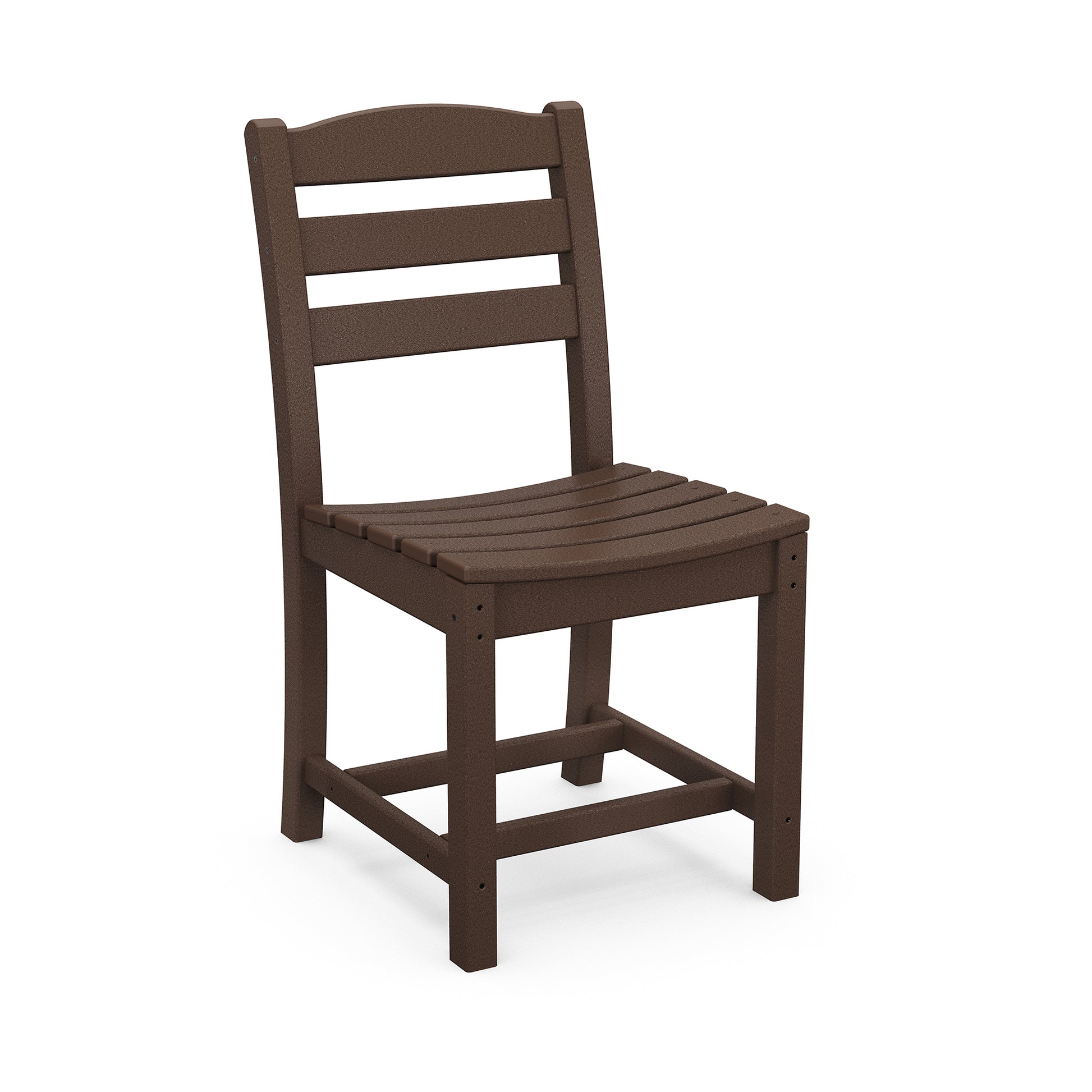 A brown POLYWOOD La Casa Cafe Outdoor Dining Side Chair with a slatted seat and backrest, viewed against a plain white background.