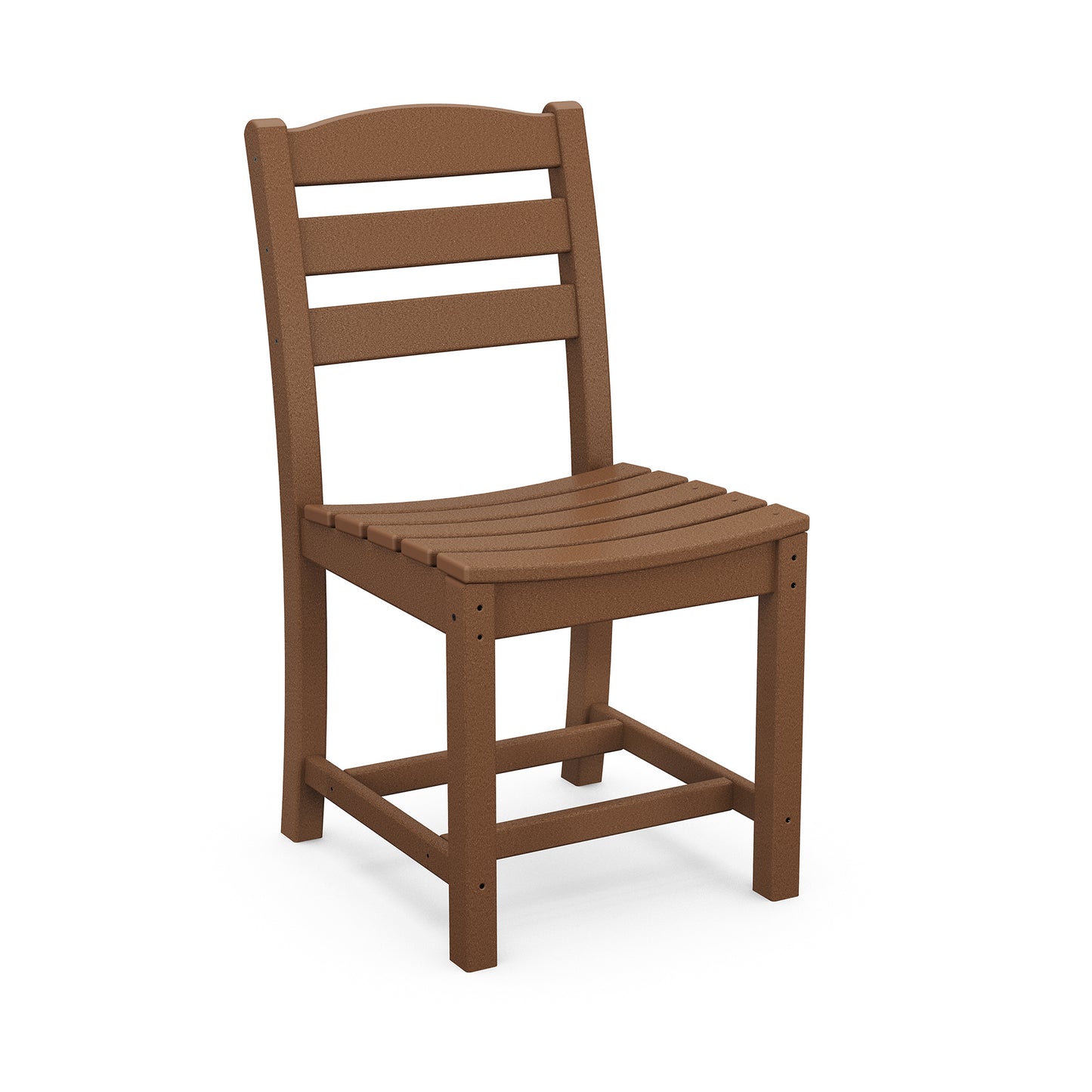 A brown POLYWOOD® La Casa Cafe Outdoor Dining Side Chair with a slatted back and seat, standing on a plain white background.