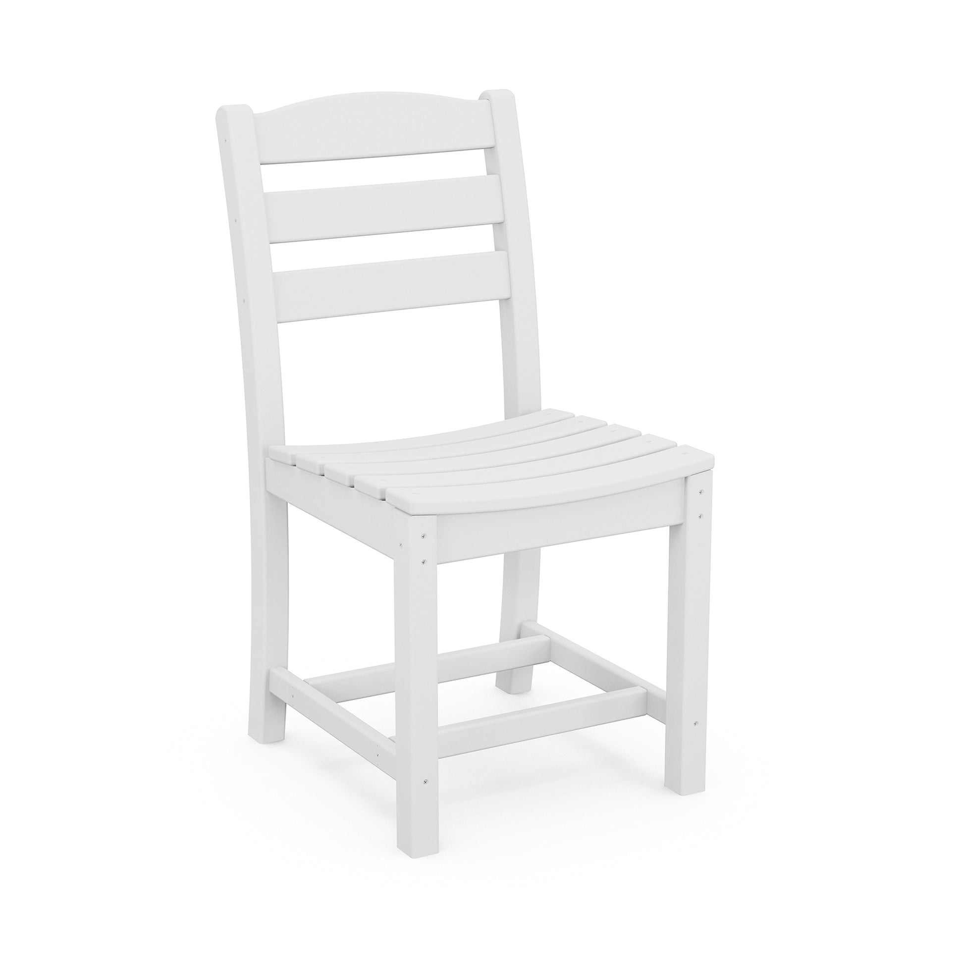 A white POLYWOOD La Casa Cafe Outdoor Dining Side Chair with a slatted seat and a curved, slatted backrest, standing against a plain white background.