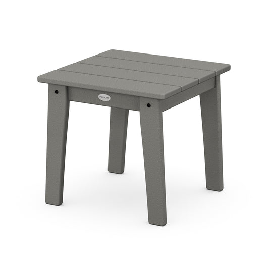 A small, grey, POLYWOOD Lakeside 18" End Table with a textured tabletop and four sturdy legs, isolated on a white background.