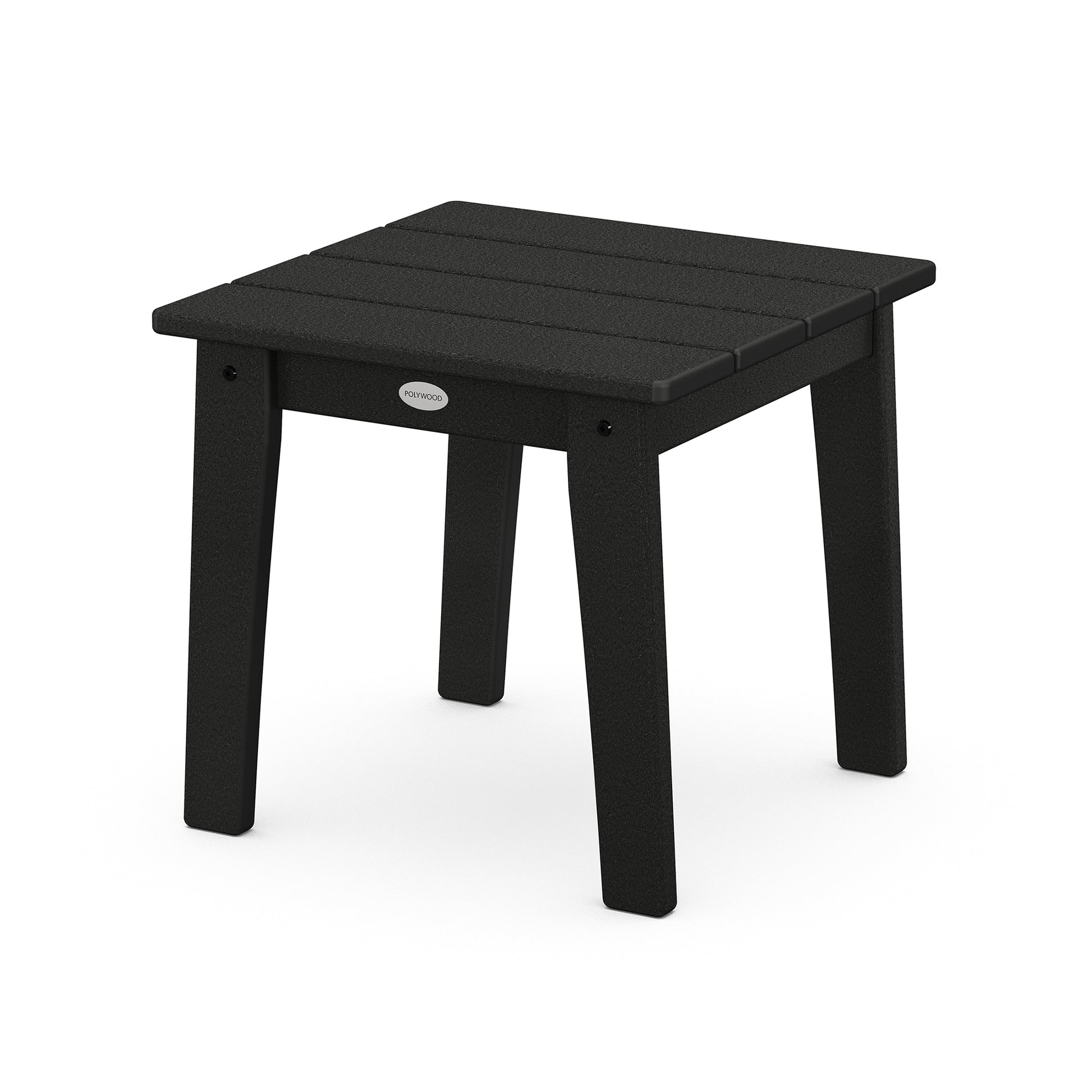 A small black POLYWOOD Lakeside 18" End Table made of durable POLYWOOD, featuring a simple rectangular top and four sturdy legs, isolated on a white background.