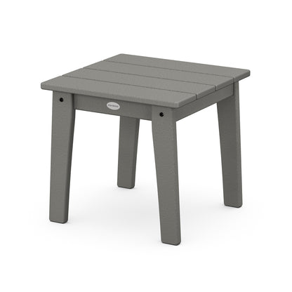 A small, gray POLYWOOD Lakeside 18" End Table made of plastic, featuring a rectangular top and four sturdy legs, set against a plain white background.