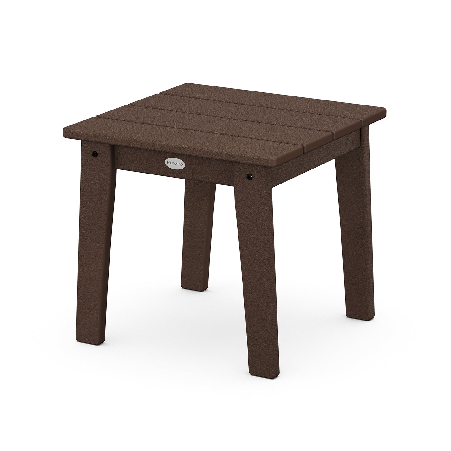 A small, sturdy brown POLYWOOD® Lakeside 18" End Table with a textured top and four legs, pictured against a plain white background. The table has a simple, functional design.