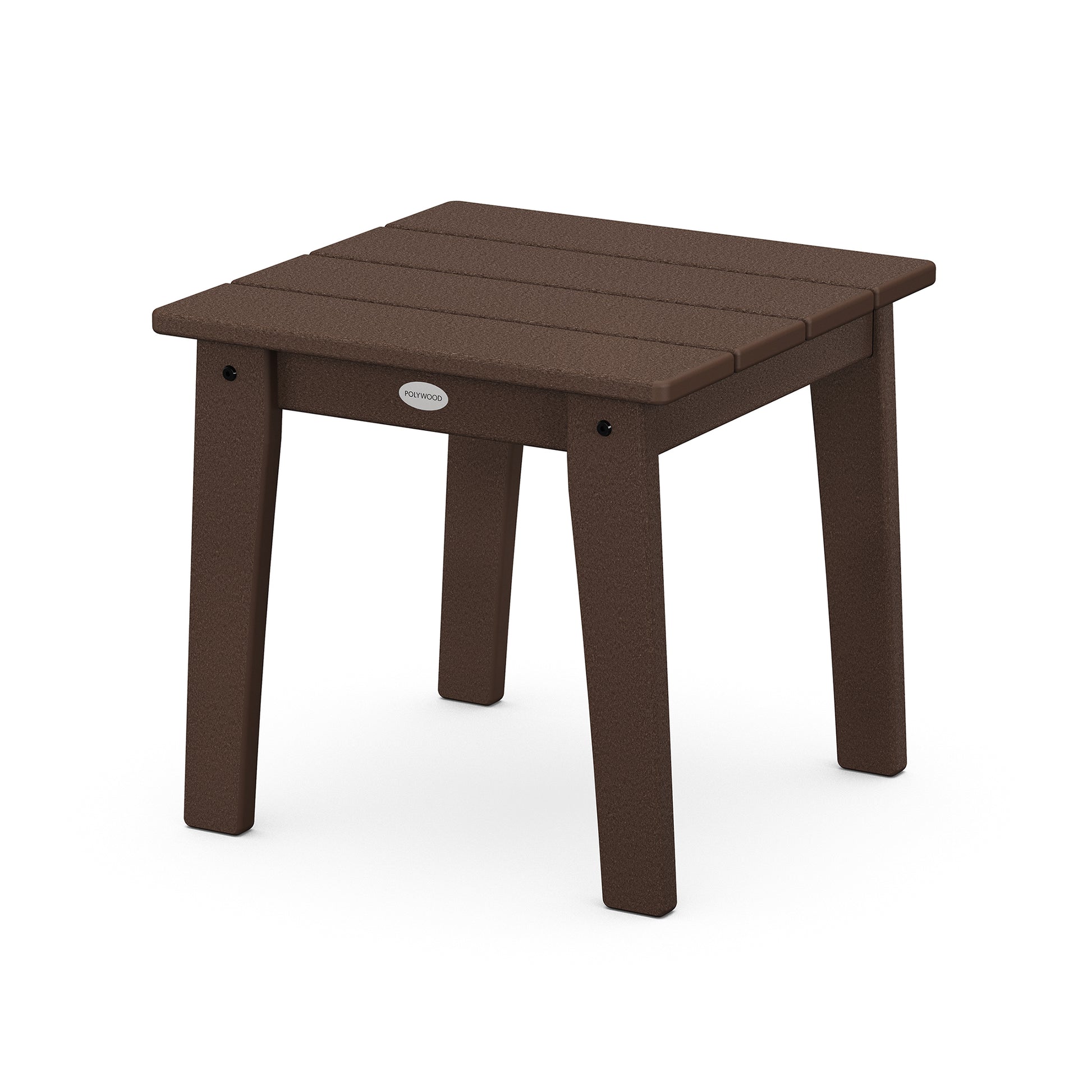 Weather-resistant wooden table with a slatted design and distinctive metal logo, reminiscent of the POLYWOOD Lakeside 18" End Table.