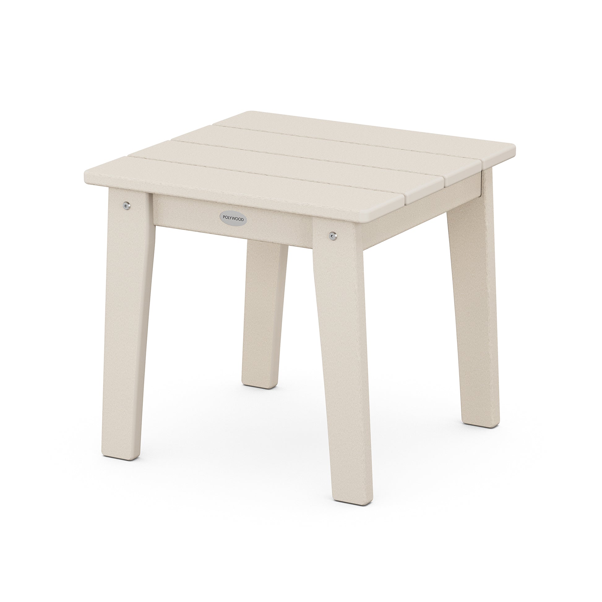 A simple beige POLYWOOD Lakeside 18" End Table with a rectangular top and four legs, isolated on a white background. The stool features visible screws at the joints and a small label on one side.
