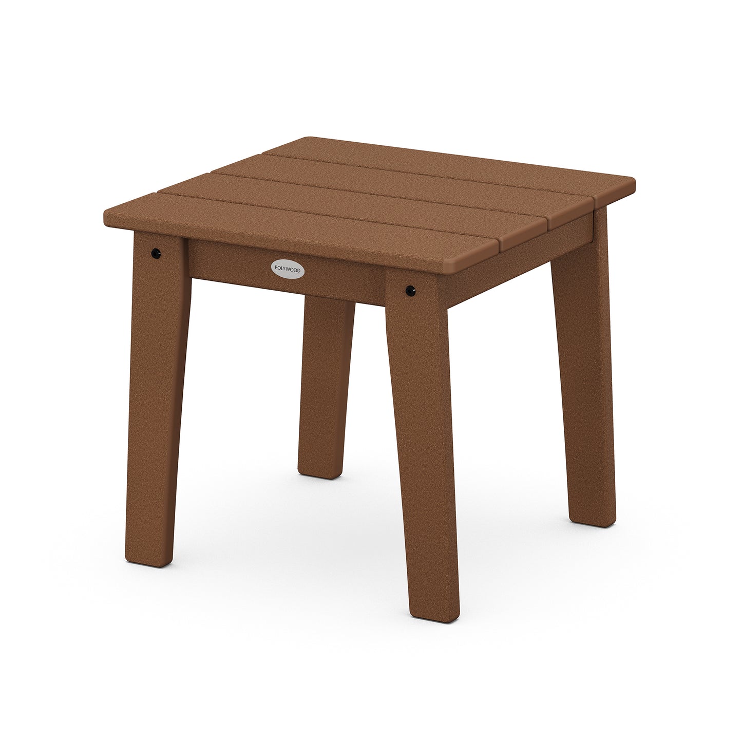 A small, brown POLYWOOD Lakeside 18" End Table with a textured surface and sturdy legs, isolated on a white background.