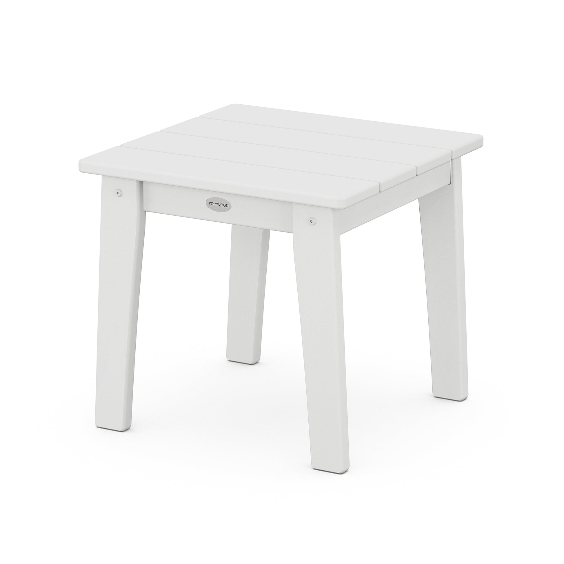 A white POLYWOOD Lakeside 18" End Table with short legs and a brand logo, isolated on a white background.