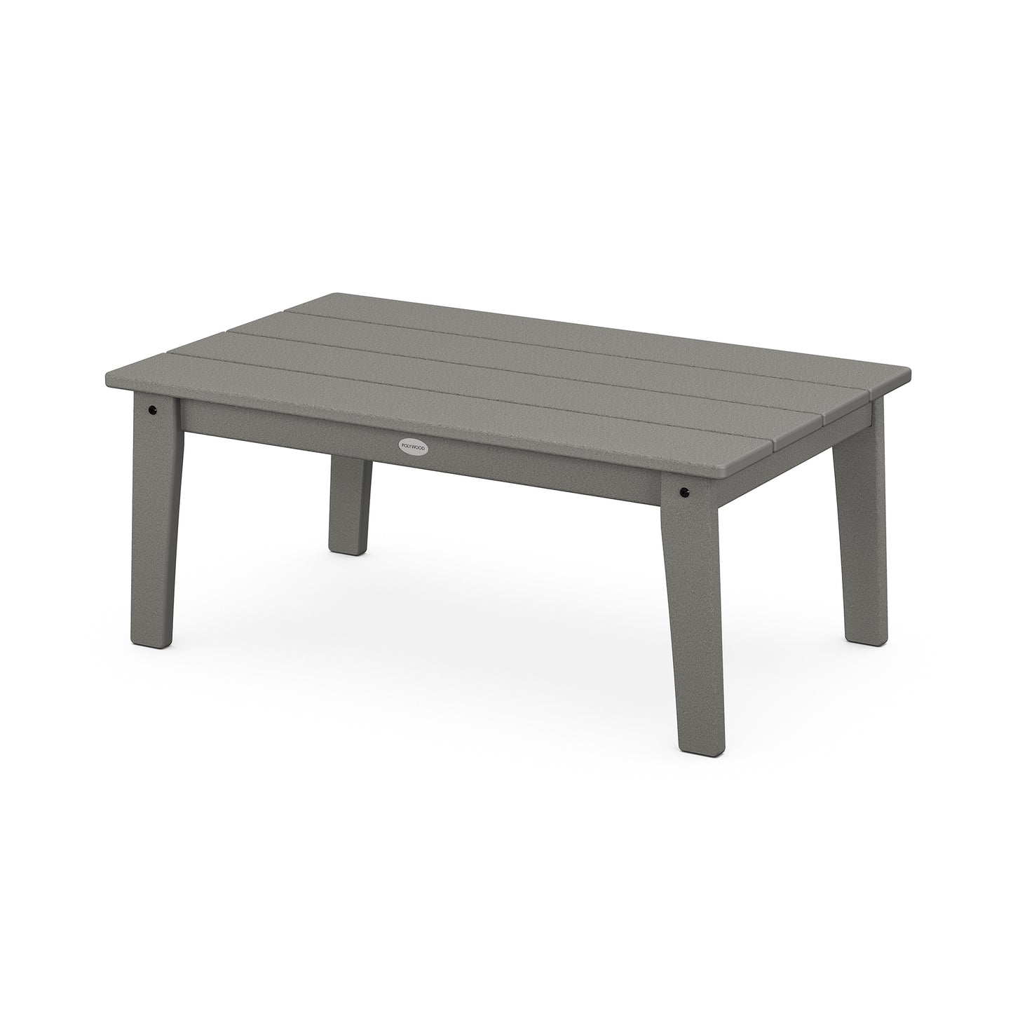 A straightforward image of a rectangular, gray POLYWOOD Lakeside 23" x 36" coffee table made of slatted plastic or composite materials, featuring a simple design with four sturdy legs.