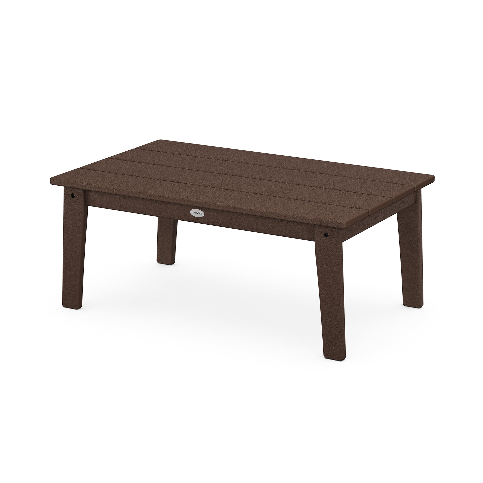 A rectangular, dark brown POLYWOOD Lakeside 23" x 36" coffee table with a slatted top and four legs, displayed against a white background.