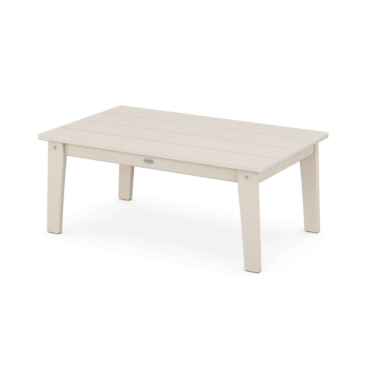 A rectangular, beige-colored POLYWOOD Lakeside 23" x 36" coffee table with a slatted top and four sturdy legs, displayed against a plain white background. A small logo is visible on one side.