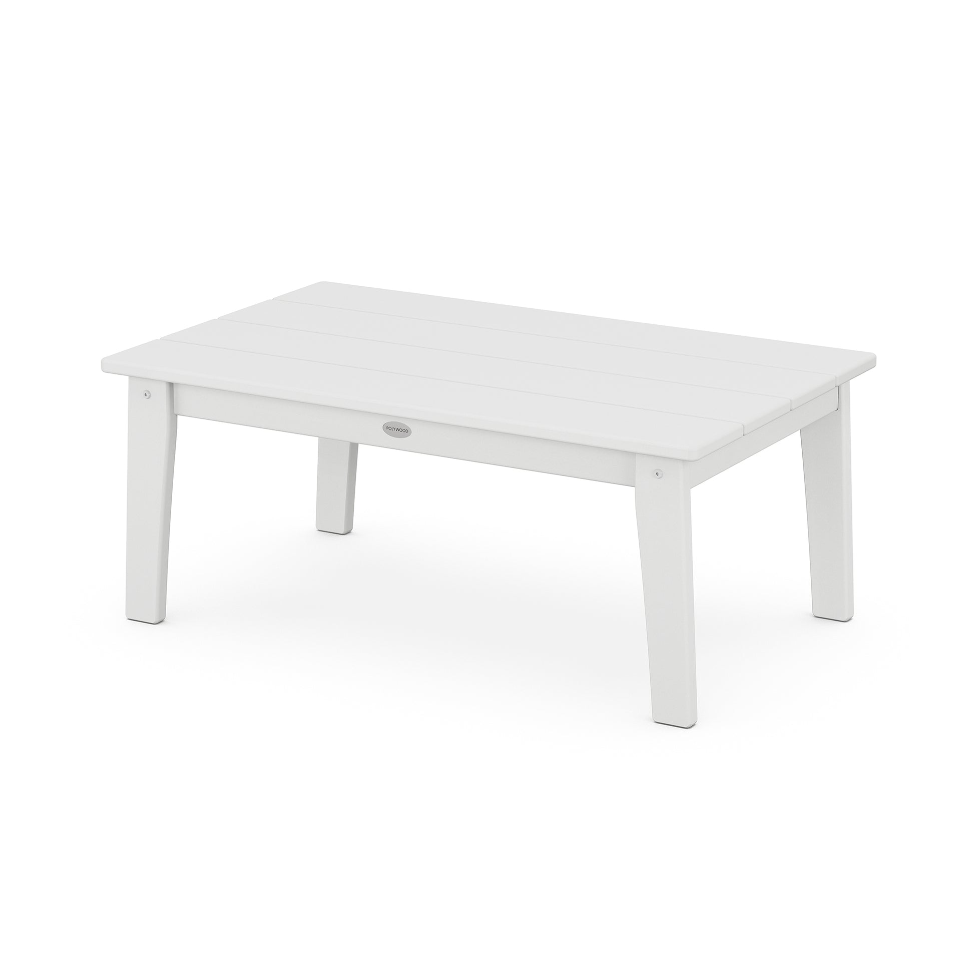 A simple white rectangular POLYWOOD Lakeside 23" x 36" coffee table with a slatted top and solid legs, isolated on a white background.