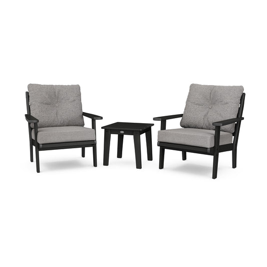 POLYWOOD Lakeside 3-Piece set featuring cushioned chairs with gray cushions, sleek black frames, and a matching black table.