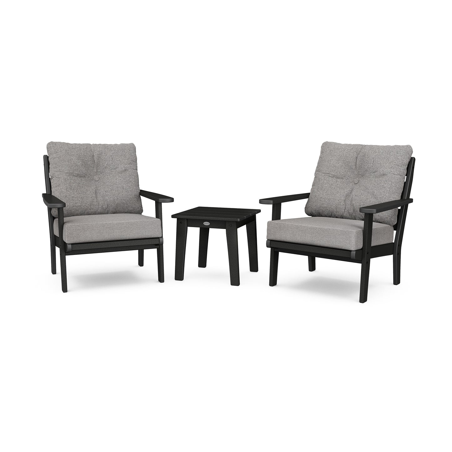 Two gray cushioned outdoor chairs with POLYWOOD Lakeside lumber frames and a matching black square side table, displayed against a white background.