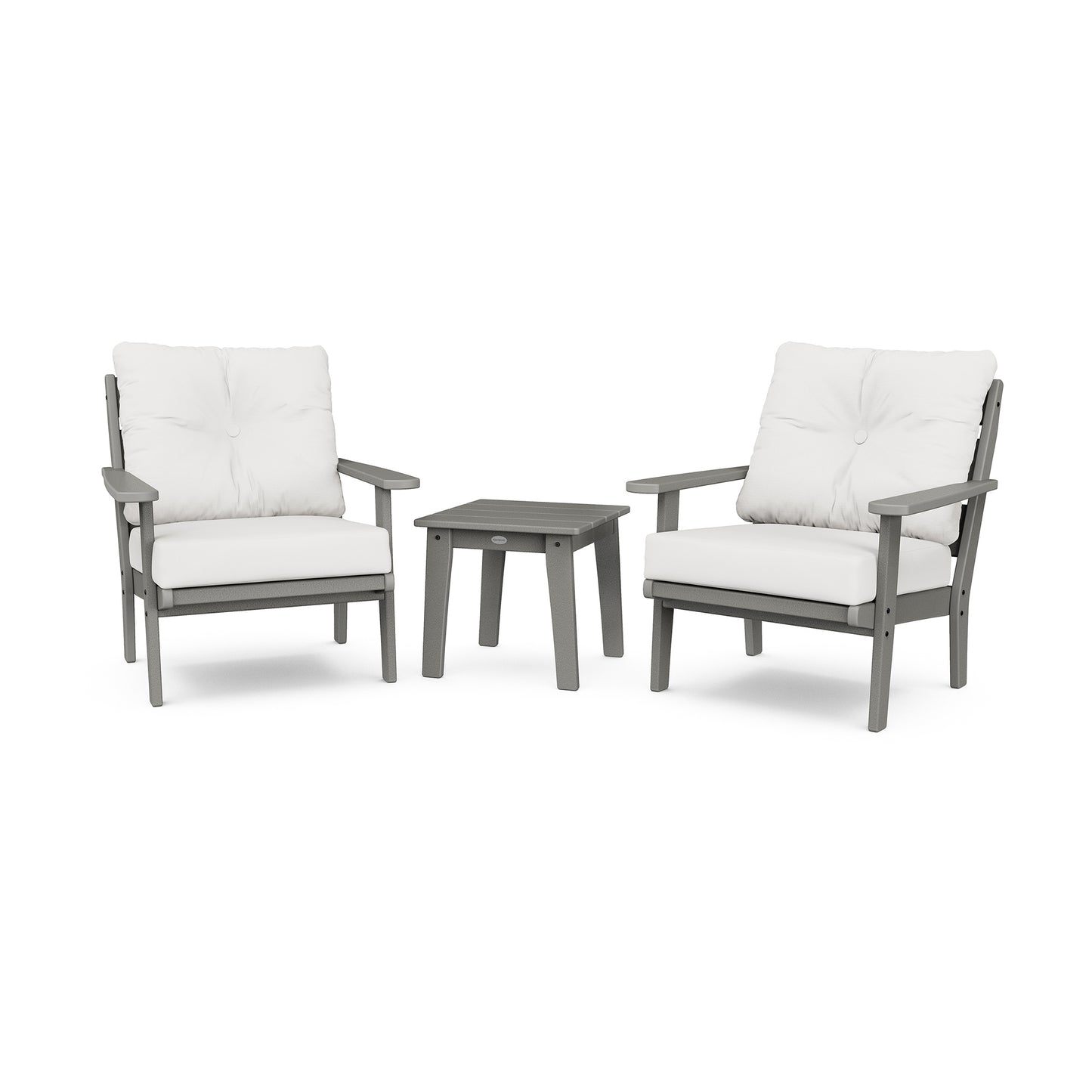 Two POLYWOOD Lakeside 3-Piece Deep Seating Chairs with white cushions and a matching gray side table, displayed against a white background.