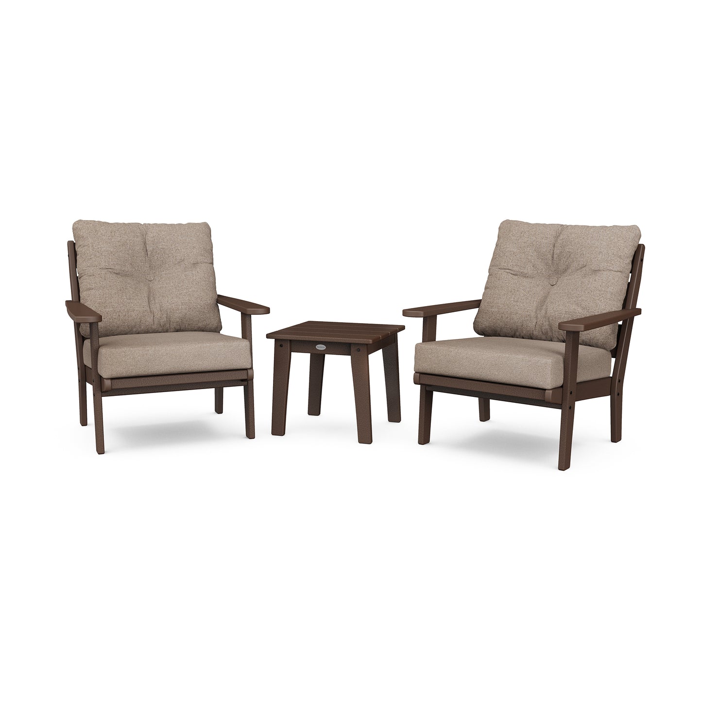 Two brown POLYWOOD Lakeside 3-Piece Deep Seating Chair Sets with beige cushions and a matching small square table set on a plain white background.