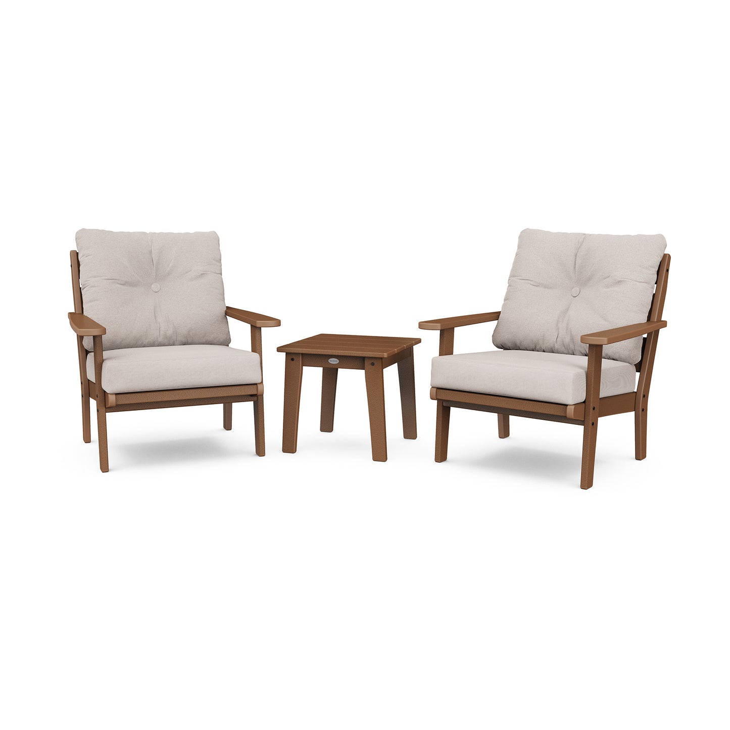 Two POLYWOOD Lakeside 3-Piece Deep Seating Chair Sets with taupe cushions and a matching small square table, isolated on a white background.